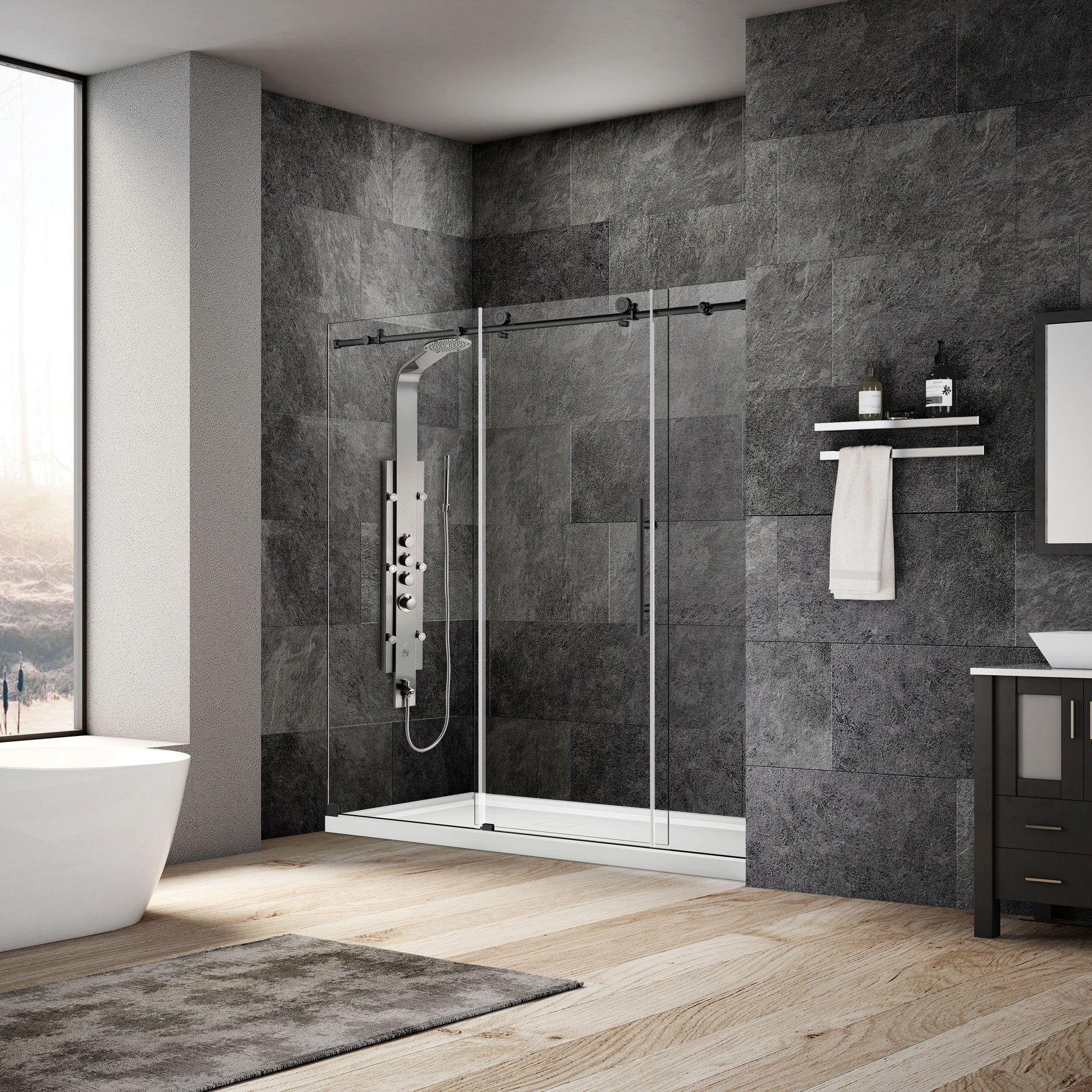 68-72 W x 76 H  Sliding Frameless Shower Door ULTRA-C with Clear Glass in Matte Black - Image 3