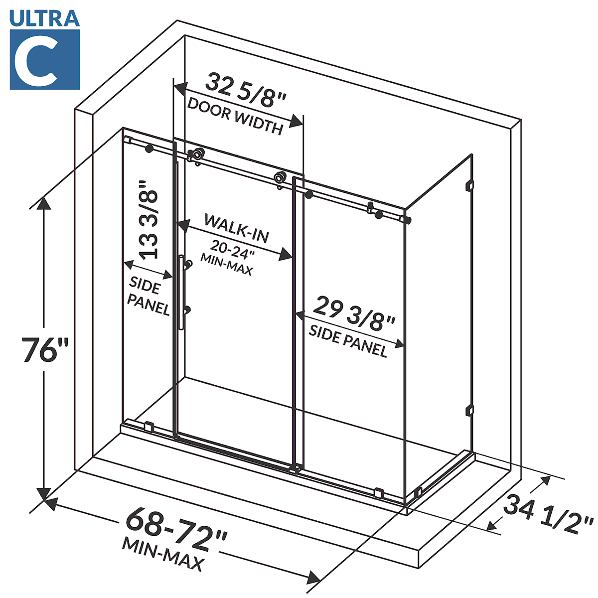 68-72 W x 76 H  x 34 1/2 D Sliding Frameless Shower Enclosure ULTRA-C with Clear Glass in Matte Black - Image 7