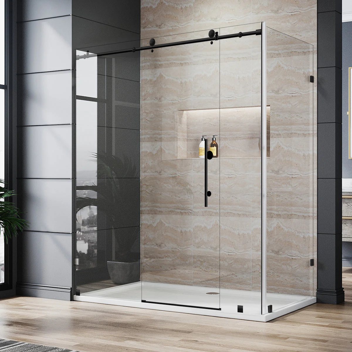 68-72 W x 76 H  x 36 D Sliding Frameless Shower Enclosure ULTRA-C with Clear Glass in Matte Black - Image 2