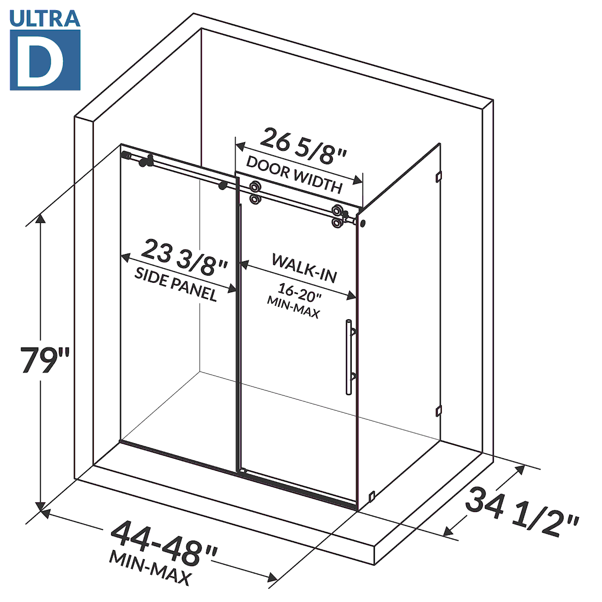 44-48 W x 79 H  x 34 1/2 D Sliding Shower Enclosure ULTRA-D Brushed Nickel - Image 4