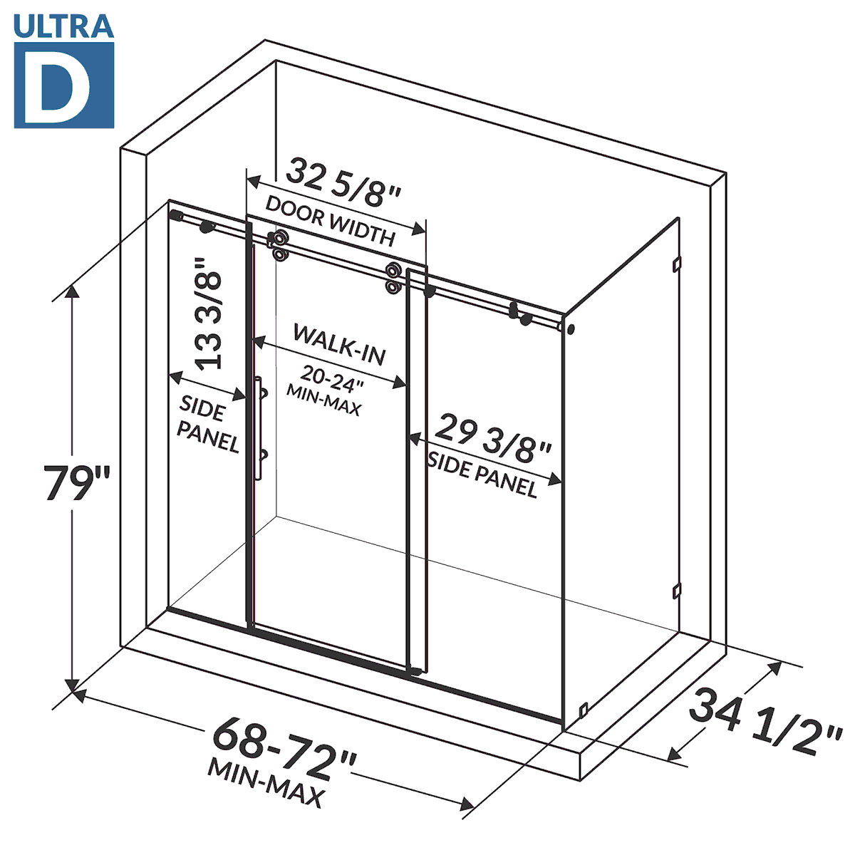 68-72 W x 79 H  x 34 1/2 D Sliding Shower Enclosure ULTRA-D Brushed Nickel - Image 4