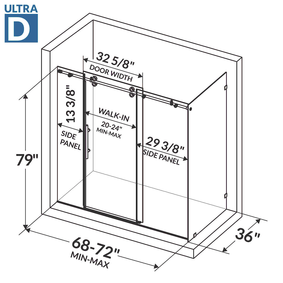 68-72 W x 79 H  x 36 D Sliding Shower Enclosure ULTRA-D Brushed Nickel - Image 4