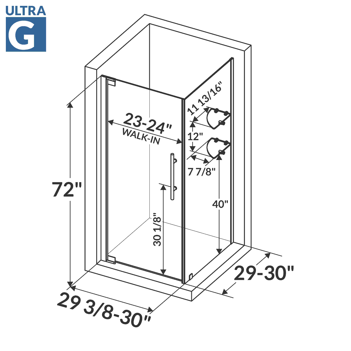 29 3/8-30 W x 72 H  x 29-30 D Swing-Out Shower Enclosure ULTRA-G Chrome - Image 3