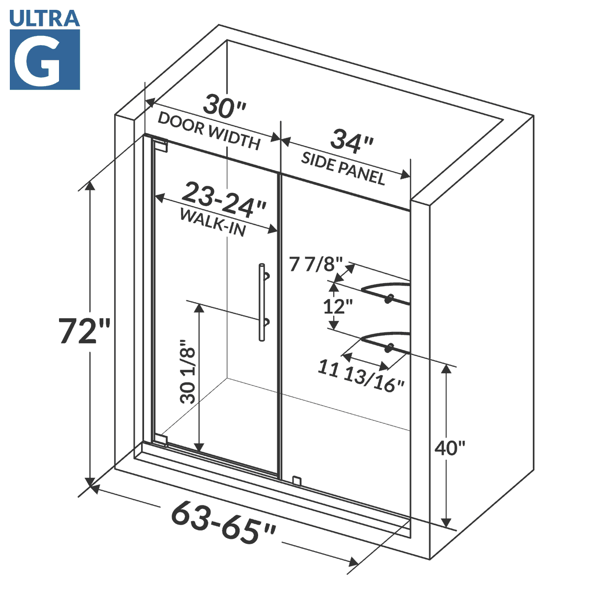 63-65 W x 72 H  Swing-Out Shower Door ULTRA-G Chrome - Image 3