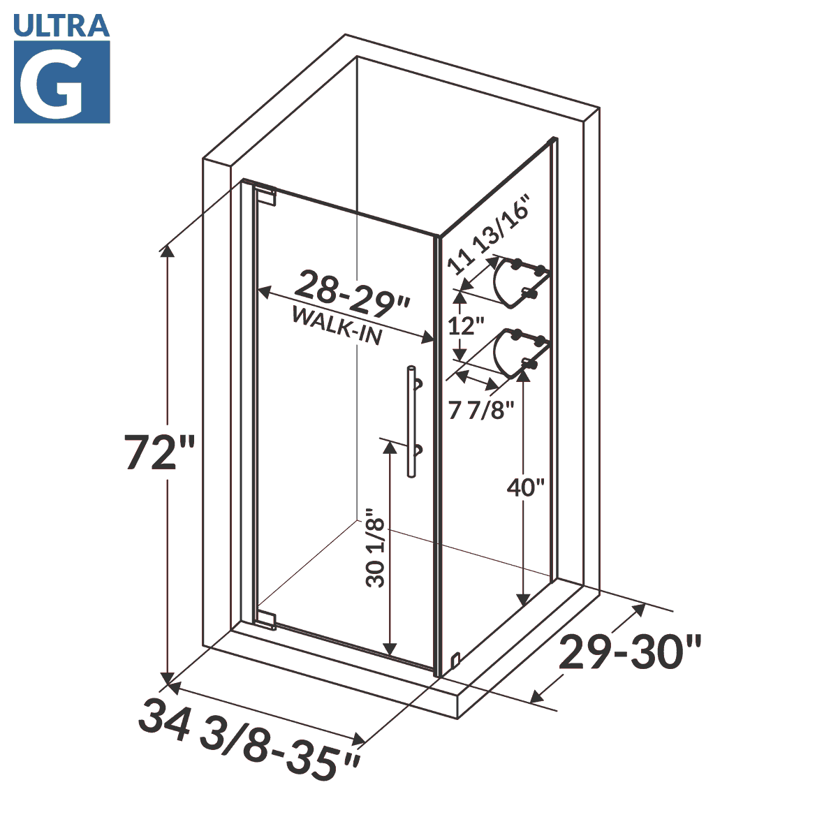 34 3/8-35 W x 72 H  x 29-30 D Swing-Out Shower Enclosure ULTRA-G Brushed Nickel - Image 3