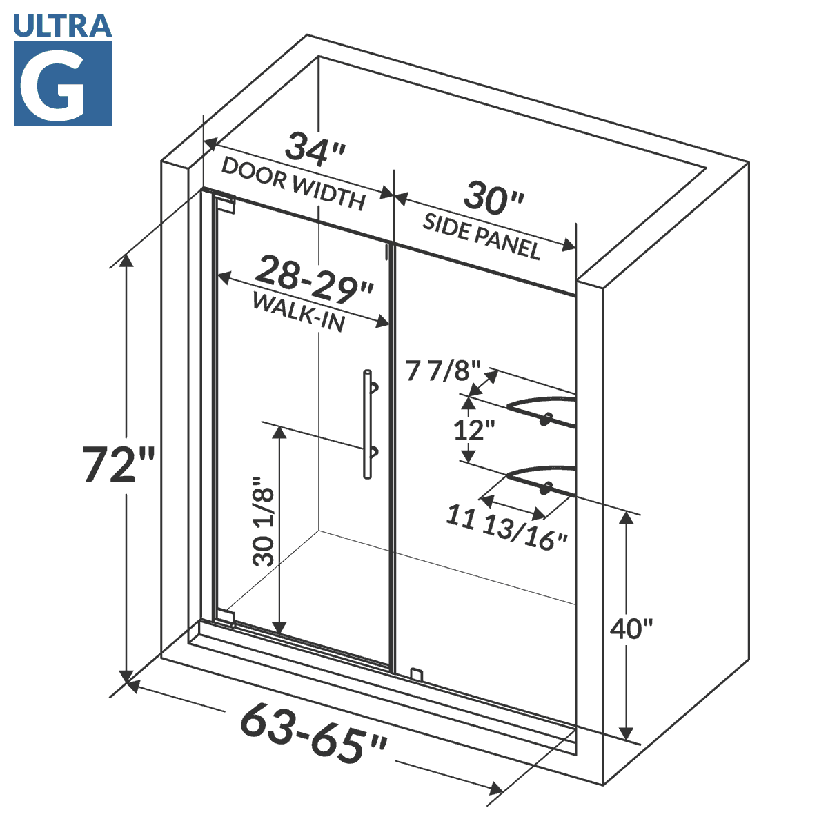 63-65 W x 72 H  Swing-Out Shower Door ULTRA-G Chrome - Image 3