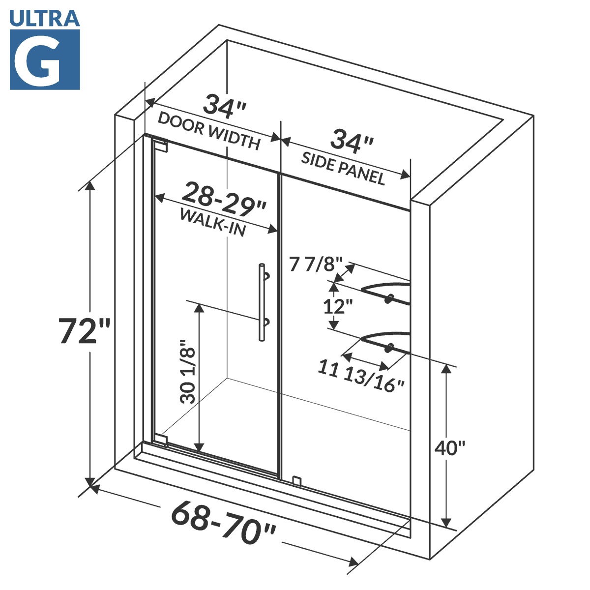 68-70 W x 72 H  Swing-Out Shower Door ULTRA-G Chrome - Image 3