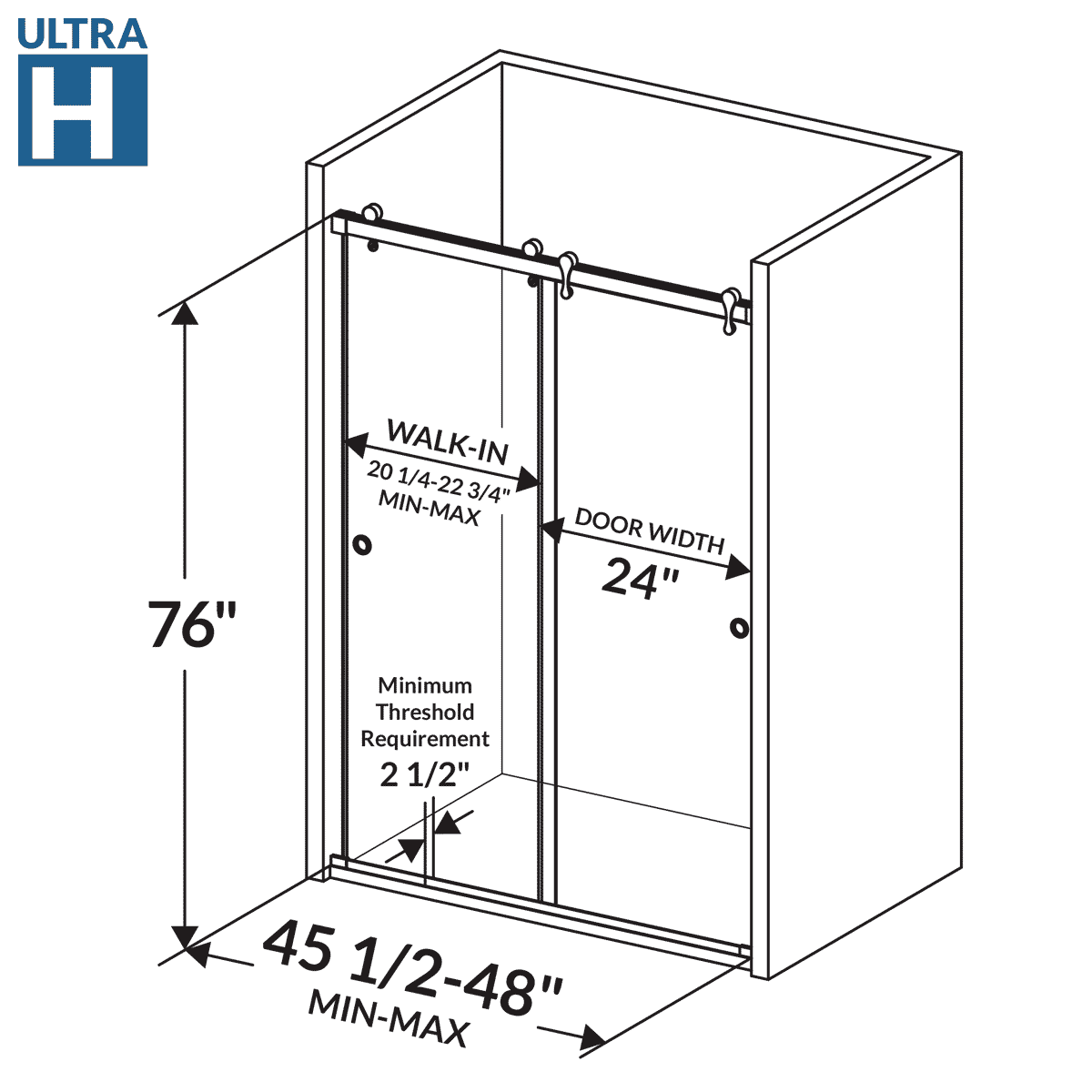 45 1/2-48 W x 76 H  Bypass Sliding Shower Door ULTRA-H Chrome - Image 4