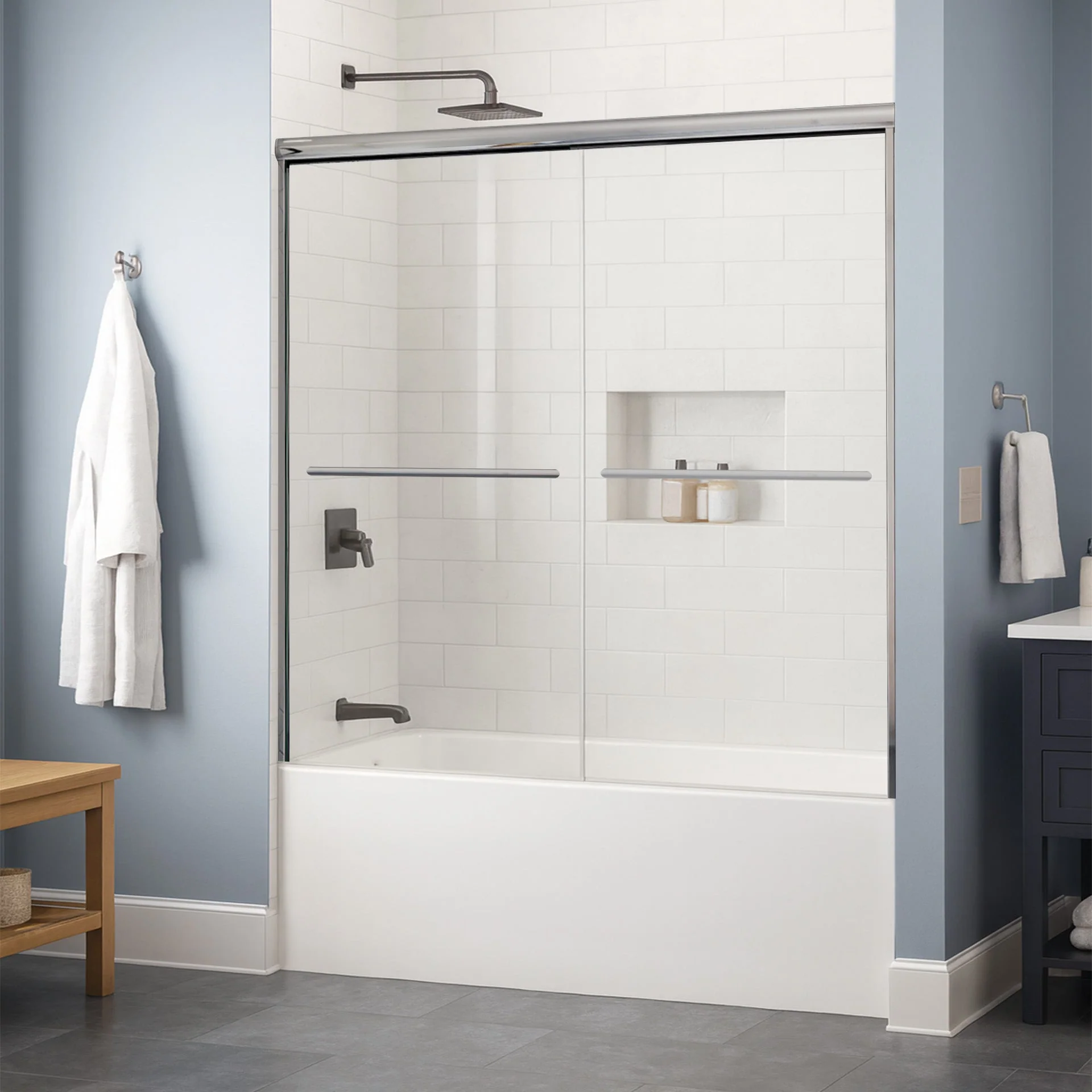 56-60 W x 62 H  Sliding Bypass Framed Shower Door ULTRA-A with Glass in Brushed Nickel - Image 2