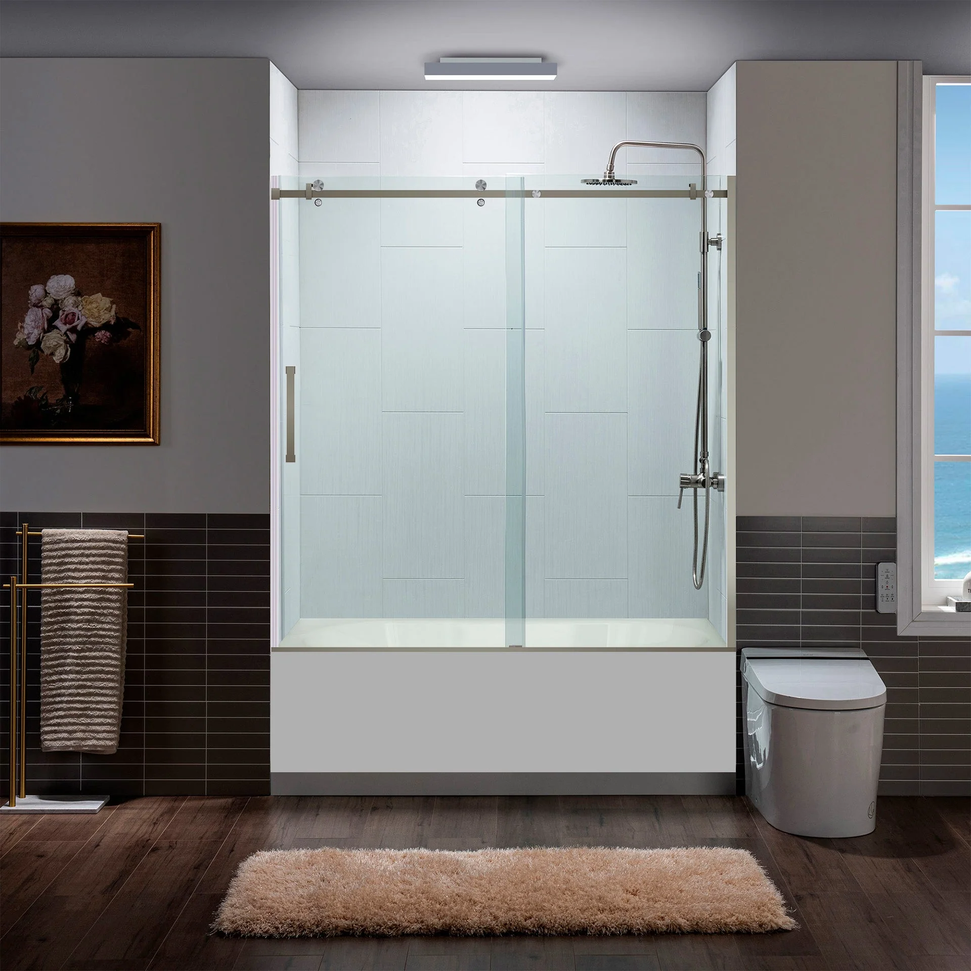 56-60 W x 62 H  Sliding Bathtub Semi-Frameless Door ULTRA-B with Clear Glass in Brushed Nickel - Image 3