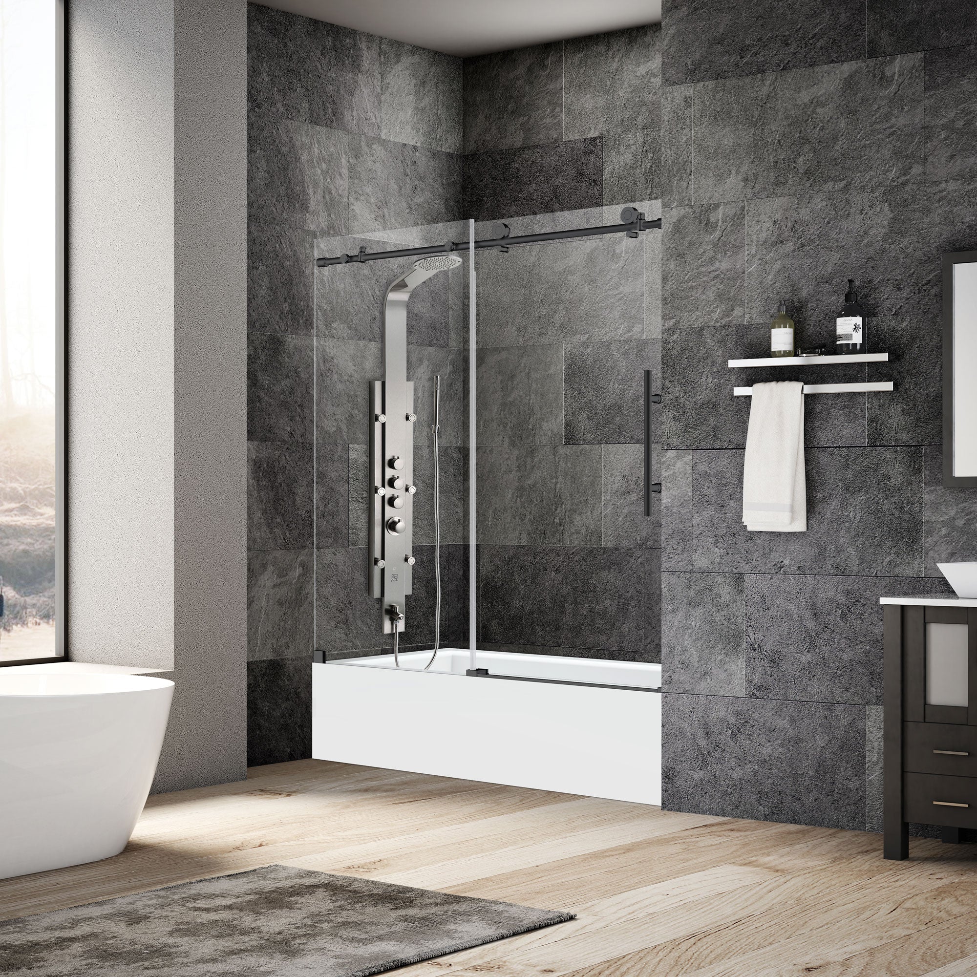 56-60 W x 62 H  Sliding Frameless Bathtub Door ULTRA-C with Clear Glass in Matte Black - Image 3