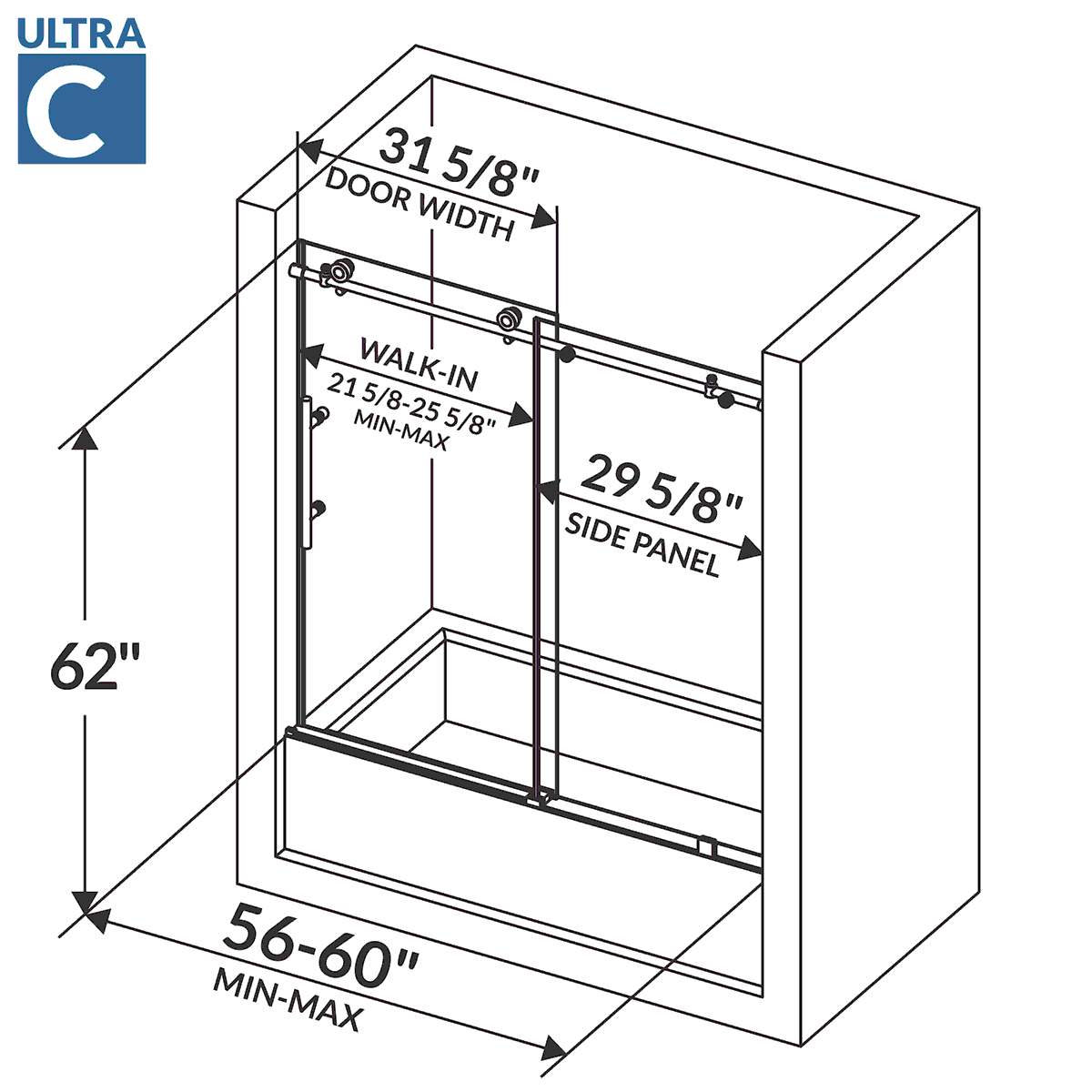 56-60 W x 62 H  Sliding Frameless Bathtub Door ULTRA-C with Clear Glass in Matte Black - Image 6