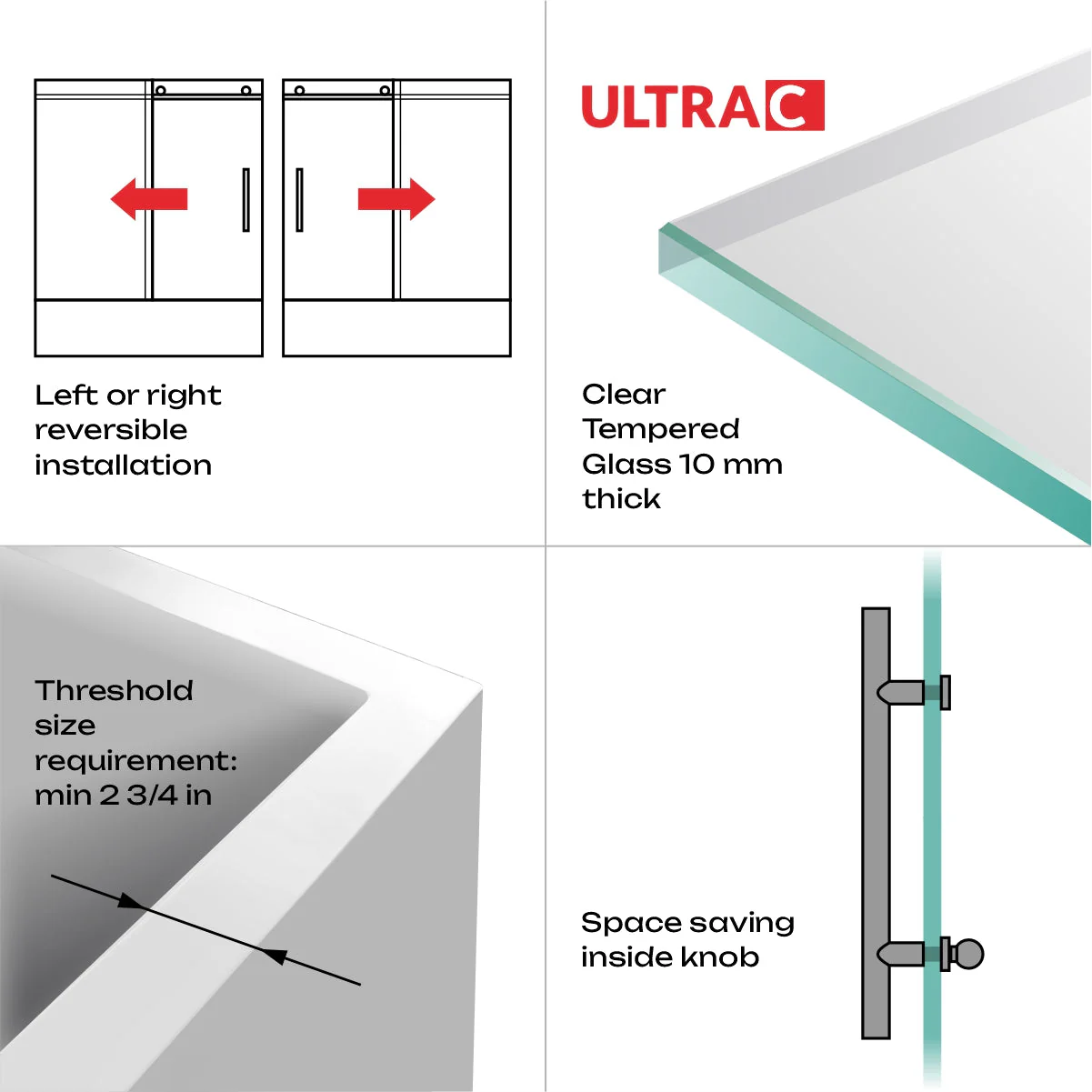 56-60 W x 62 H  Sliding Frameless Bathtub Door ULTRA-C with Clear Glass in Matte Black - Image 7