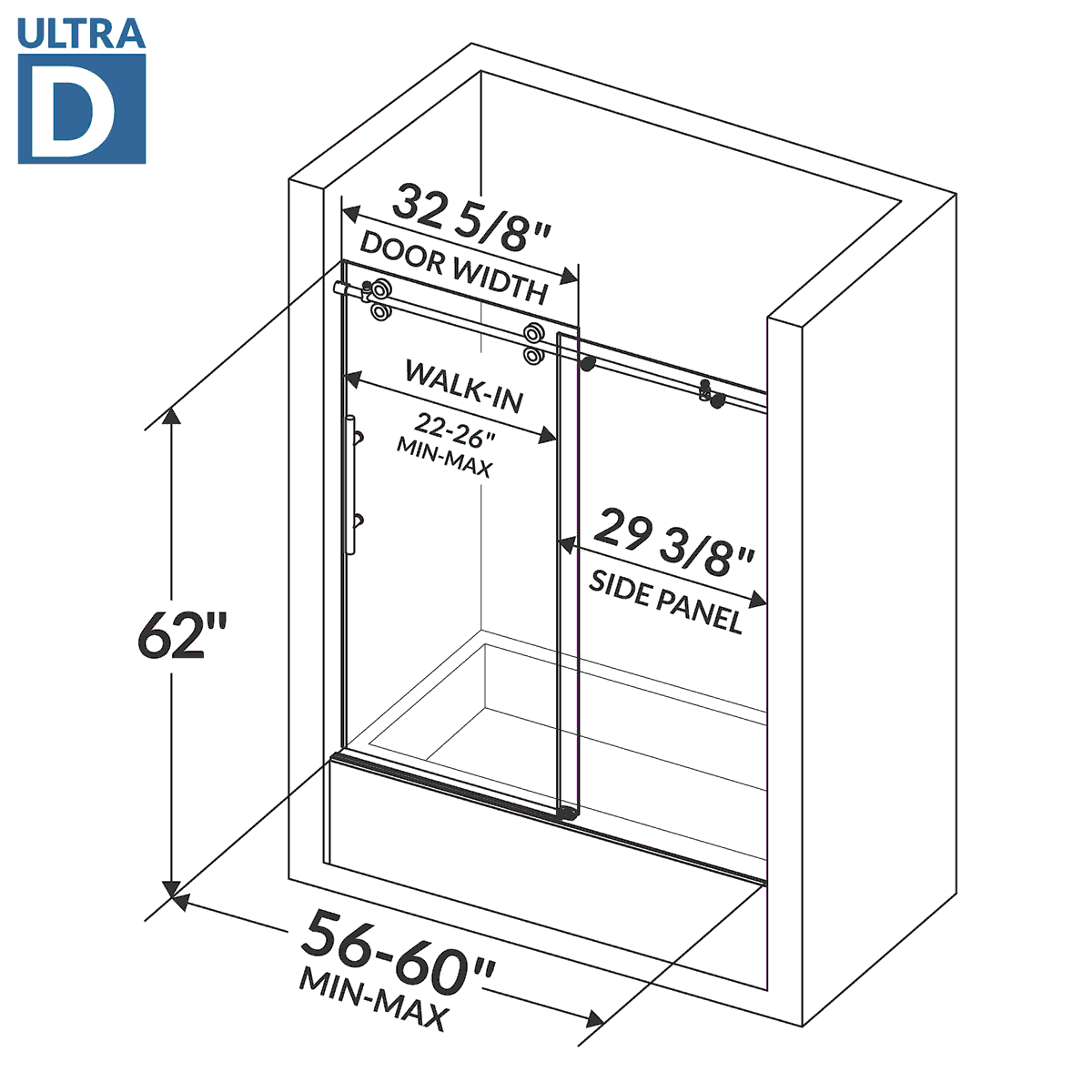 56-60 W x 62 H  Sliding Bathtub Door ULTRA-D Chrome - Image 5