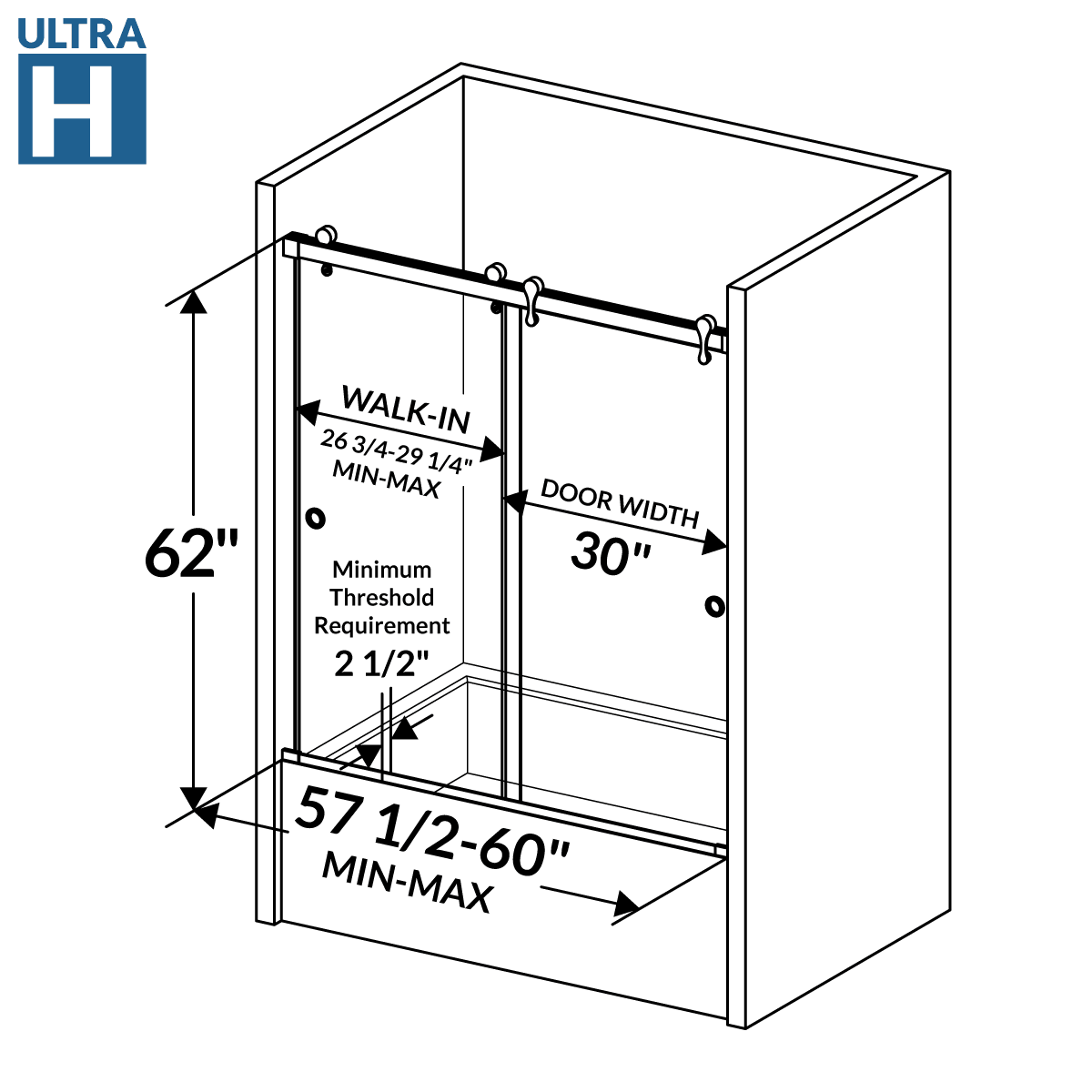 57 1/2-60 W x 62 H  Bypass Sliding Bathtub Door ULTRA-H Brushed Nickel - Image 4