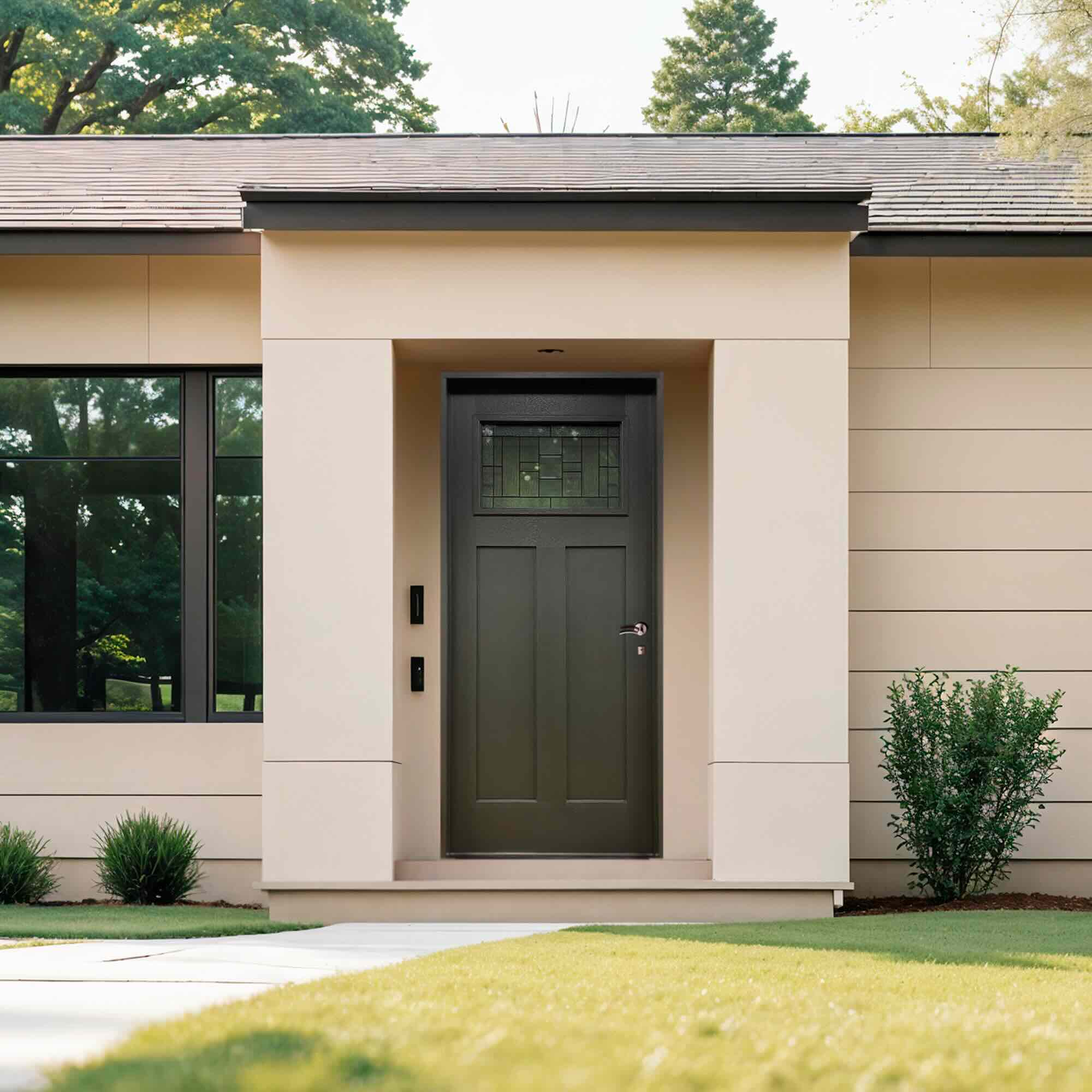 Hometown 36 in. x 80 in. 1/4 Lite Decorative Glass Painted Black Prehung Fiberglass Exterior Door with Brickmold - Image 4
