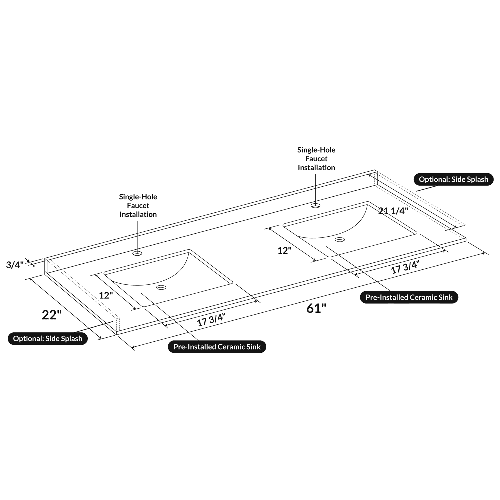 Cara White 61x22 Marble Vanity Top - Image 3