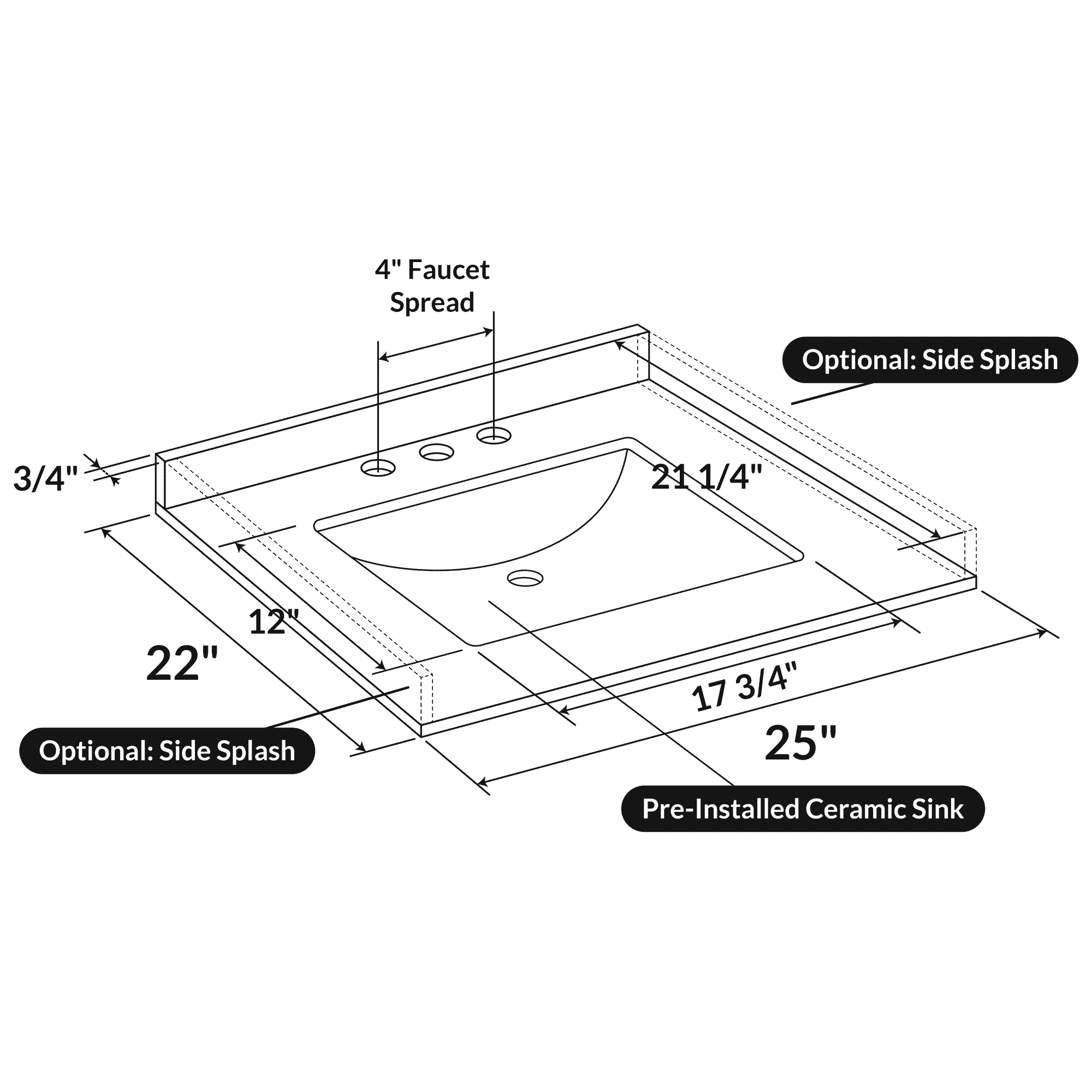 25 W x 22 L Cara White Vanity Top with Square Sink - 4 in Faucet Spread - Image 3