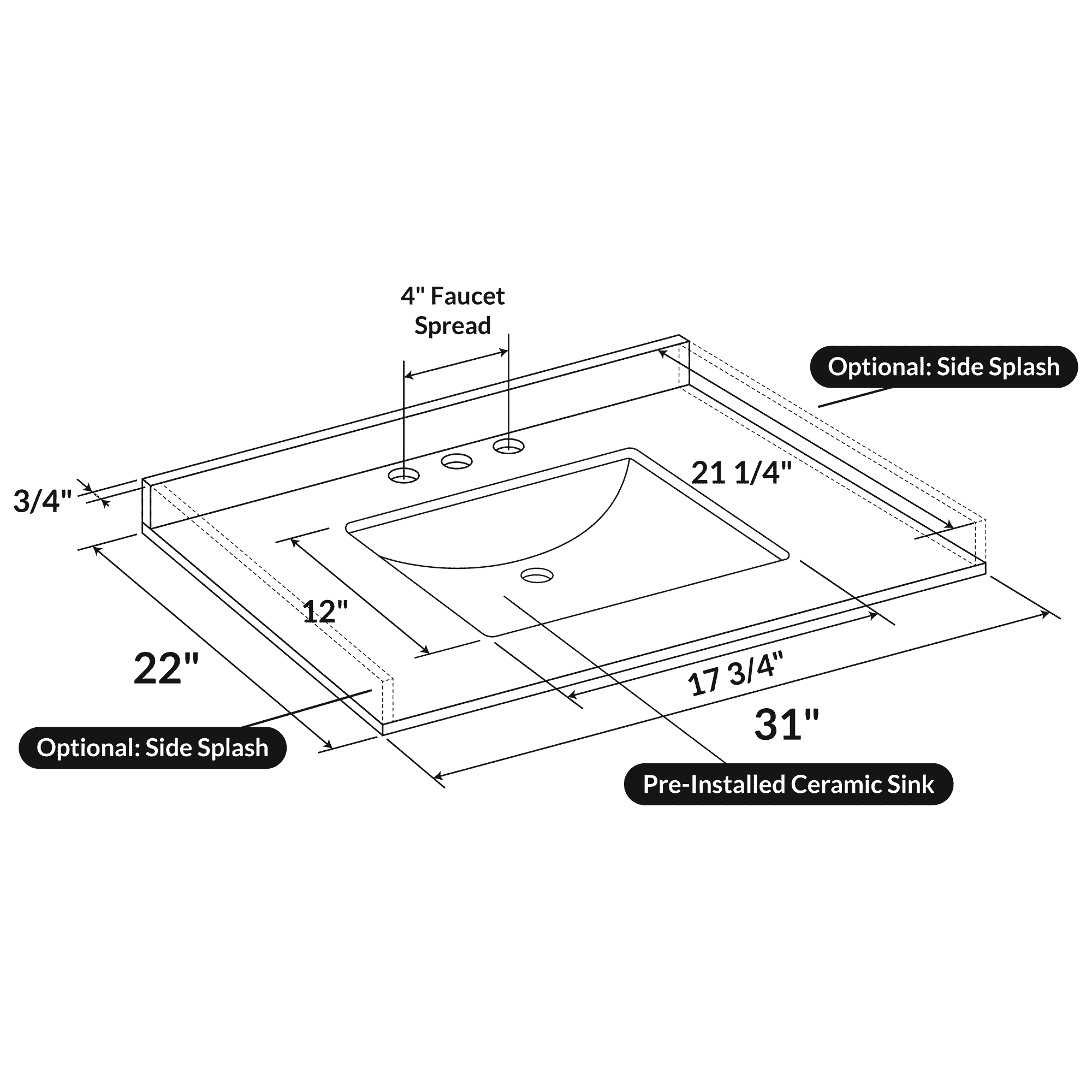 31 W x 22 L Cara White Vanity Top with Square Sink - 4 in Faucet Spread - Image 3