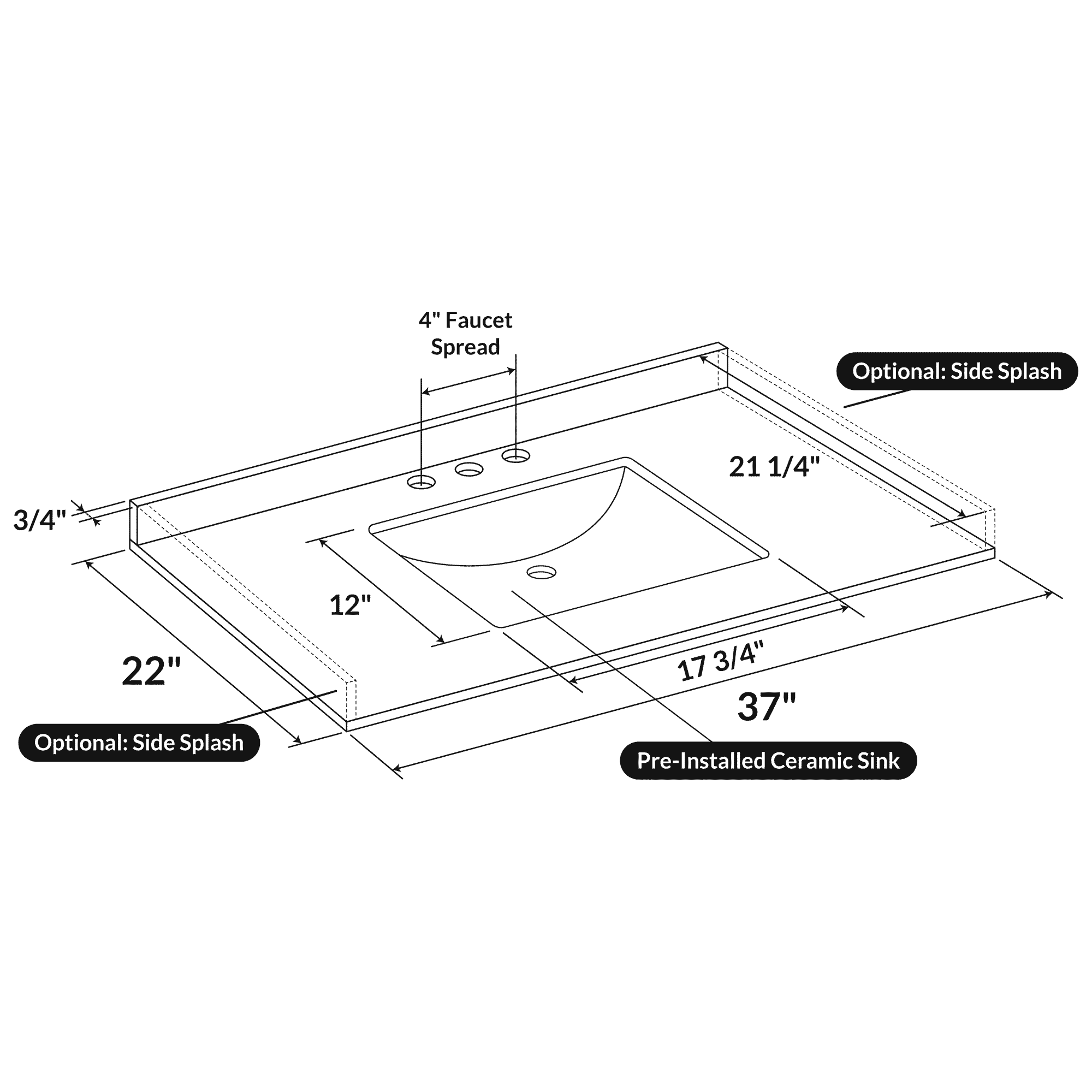 37 W x 22 L Cara White Vanity Top with Square Sink - 4 in Faucet Spread - Image 3