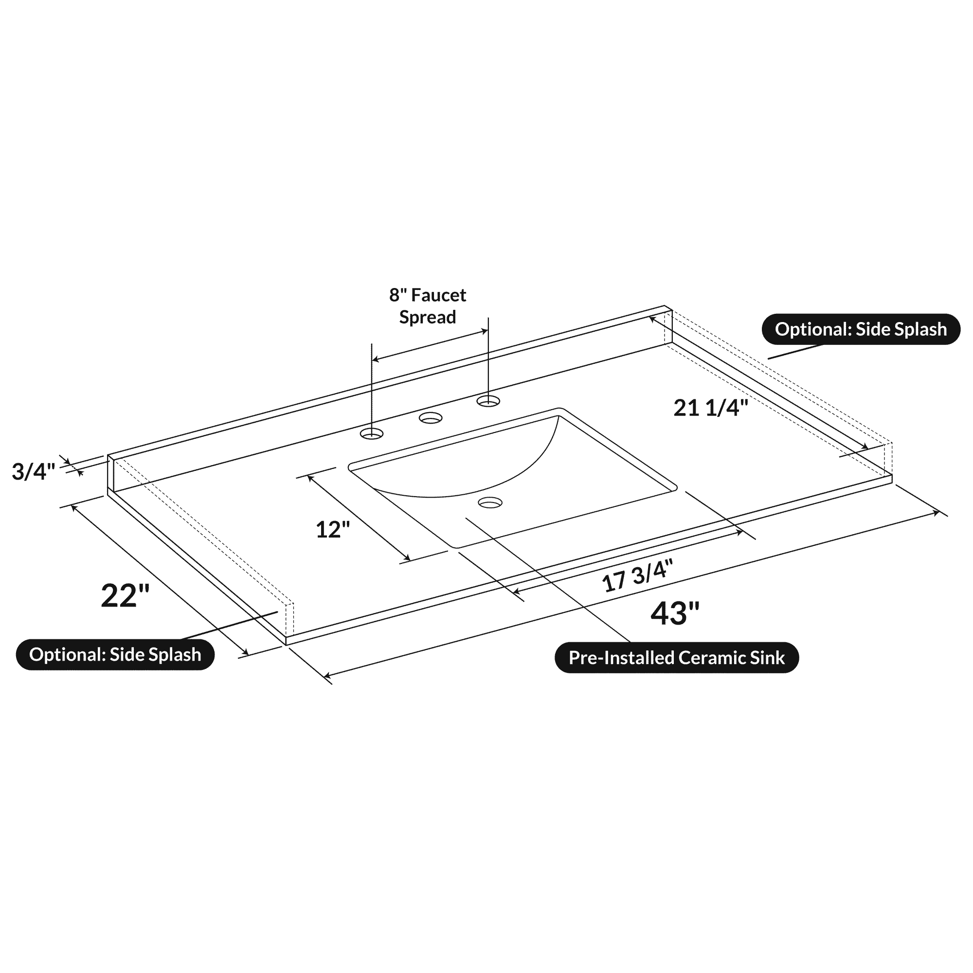 43 W x 22 L Cara White Vanity Top with Square Sink - 8 in Faucet Spread - Image 3