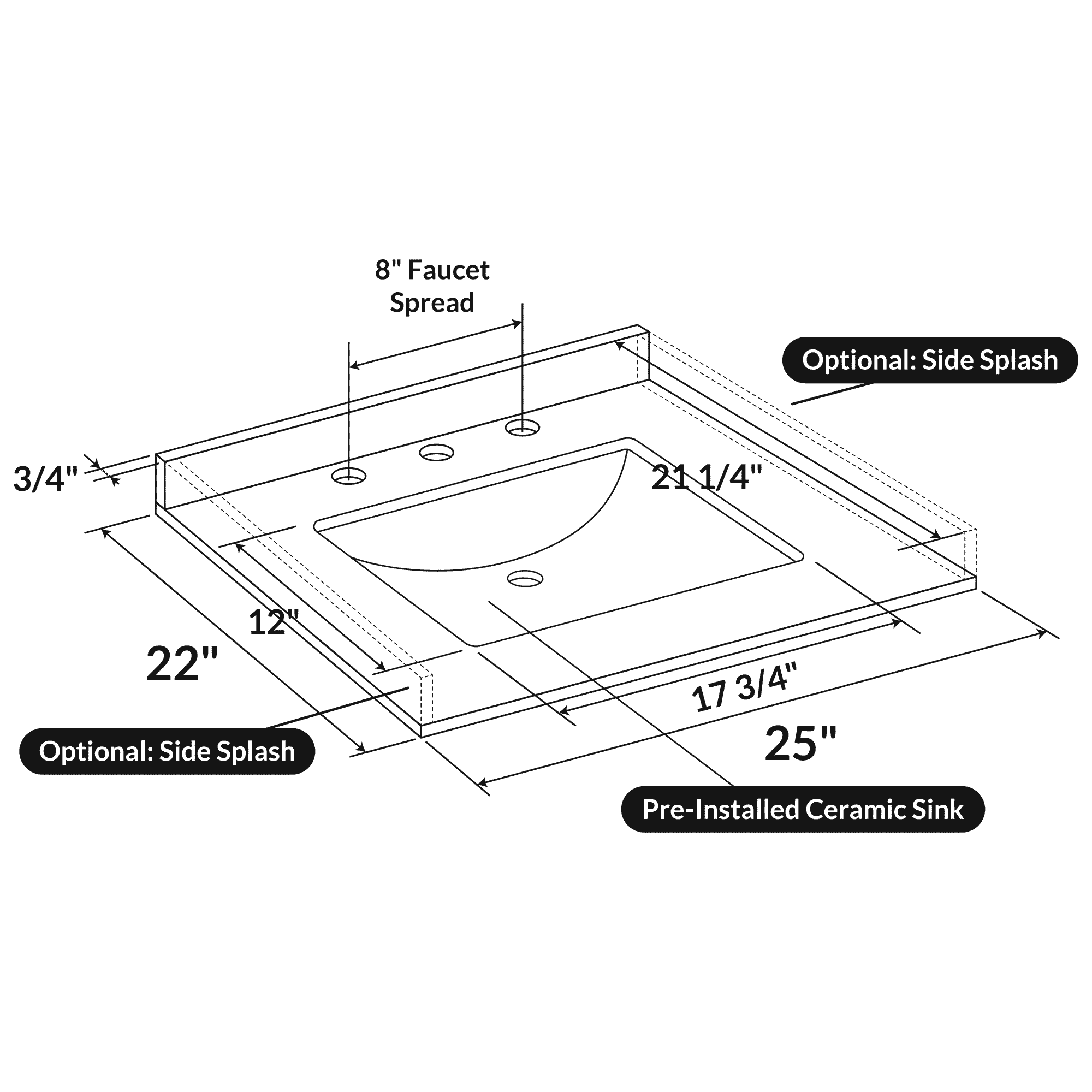 25 W x 22 L Calacatta White Vanity Top with Square Sink - 8 in Faucet Spread - Image 3