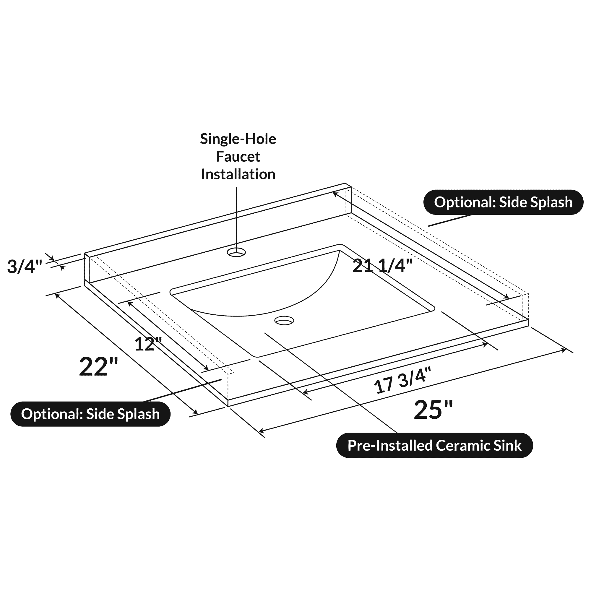 25 W x 22 L Calacatta White Vanity Top with Square Sink - Single Faucet - Image 3