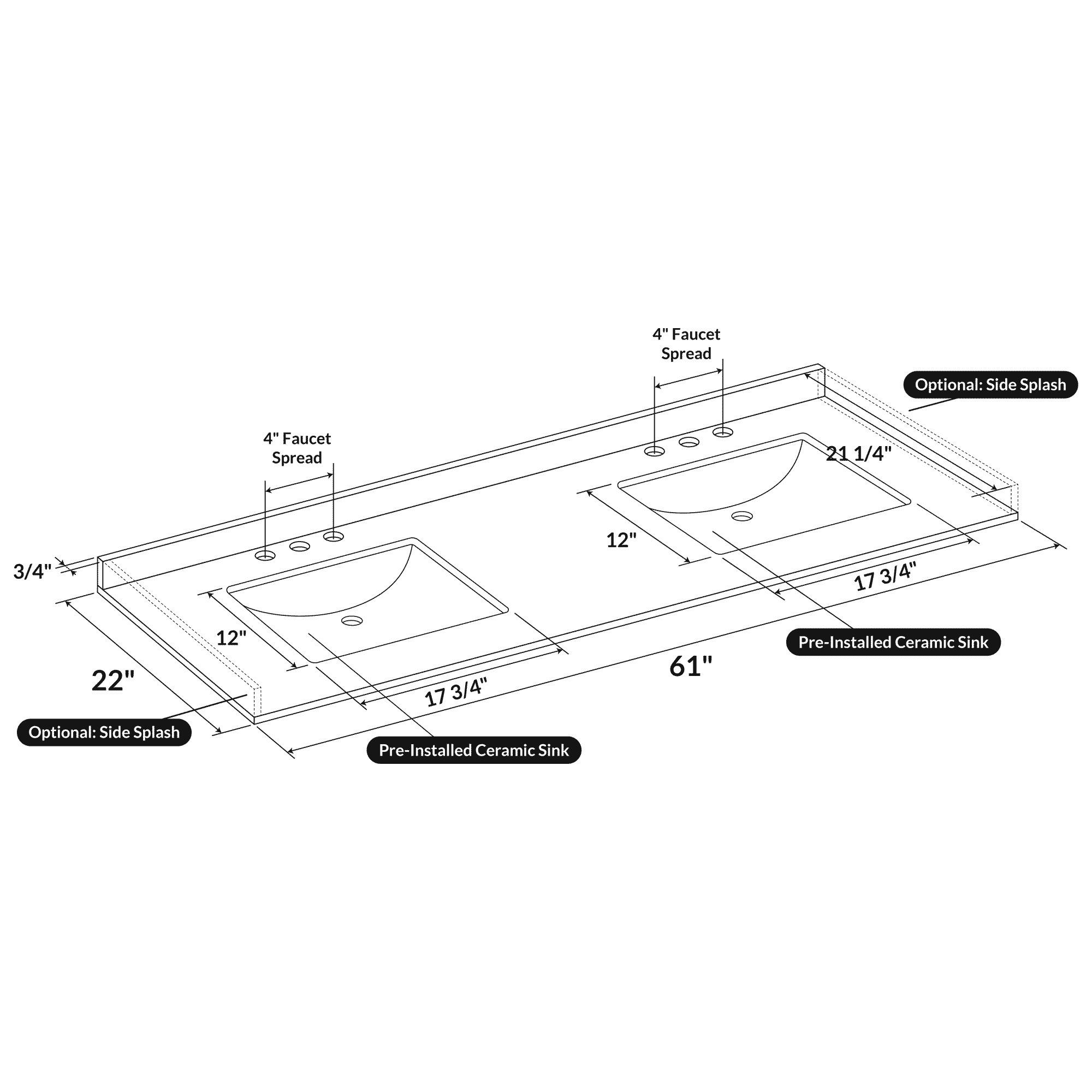 61 W x 22 L Calacatta White Vanity Top with Two Square Sinks - 4 in Faucet Spread - Image 3