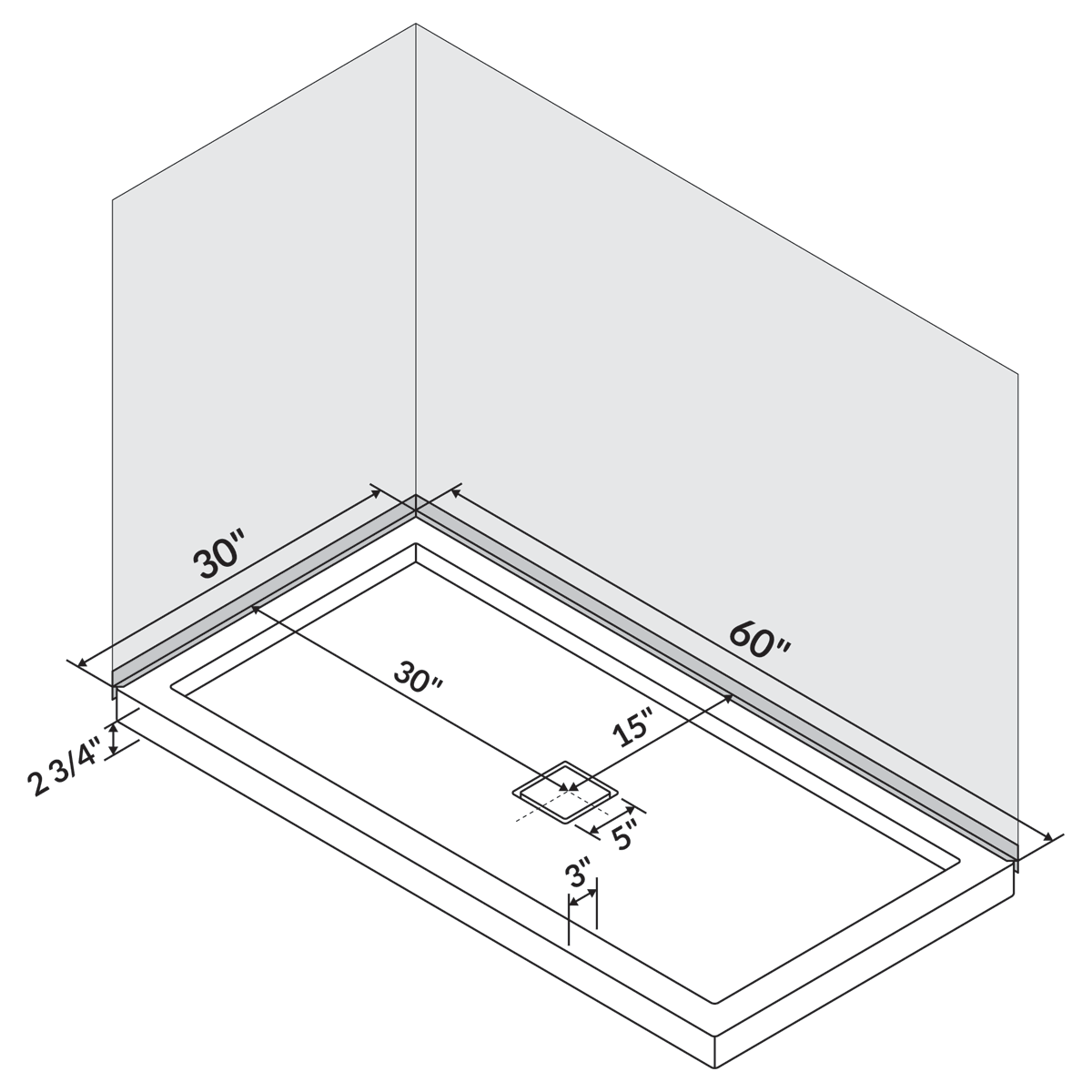 60 in x 30 in Single/Double Threshold Shower Base Pan with Center Drain - Image 6