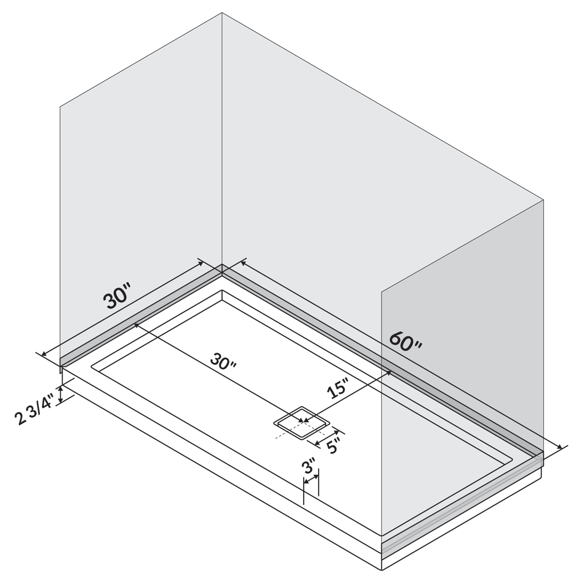 60 in x 30 in Single/Double Threshold Shower Base Pan with Center Drain - Image 8