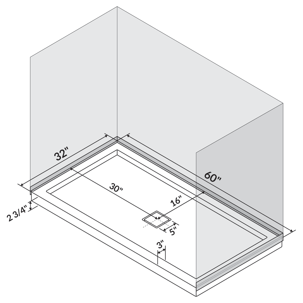 60 in x 32 in Single Threshold Shower Pan Base Alcove with Center Drain LessCare - Image 6
