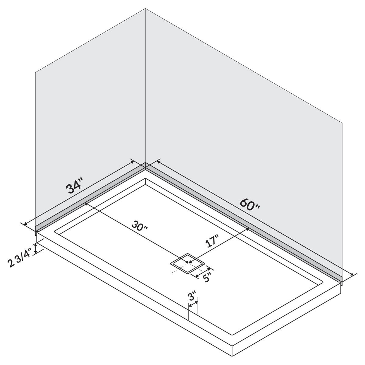 60 in x 34 in Single/Double Threshold Shower Base Pan with Center Drain - Image 6