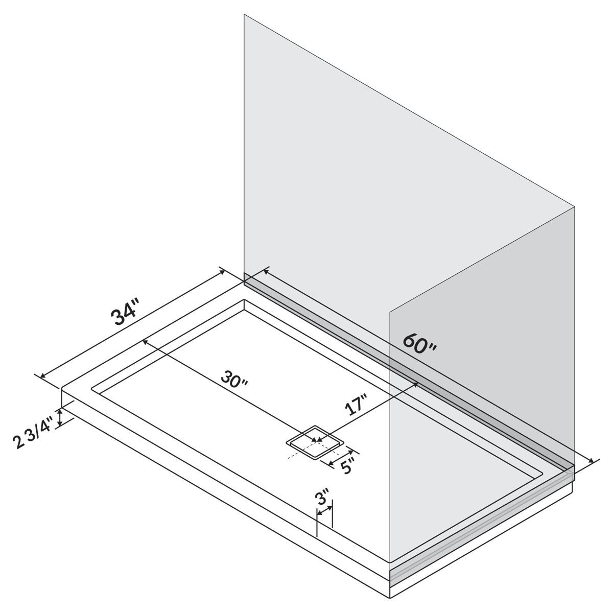 60 in x 34 in Single/Double Threshold Shower Base Pan with Center Drain - Image 7