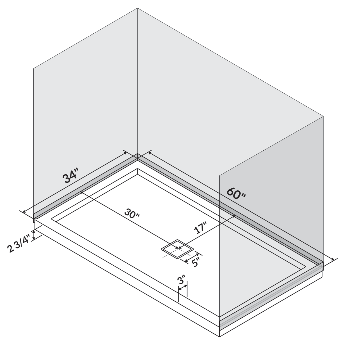 60 in x 34 in Single/Double Threshold Shower Base Pan with Center Drain - Image 8