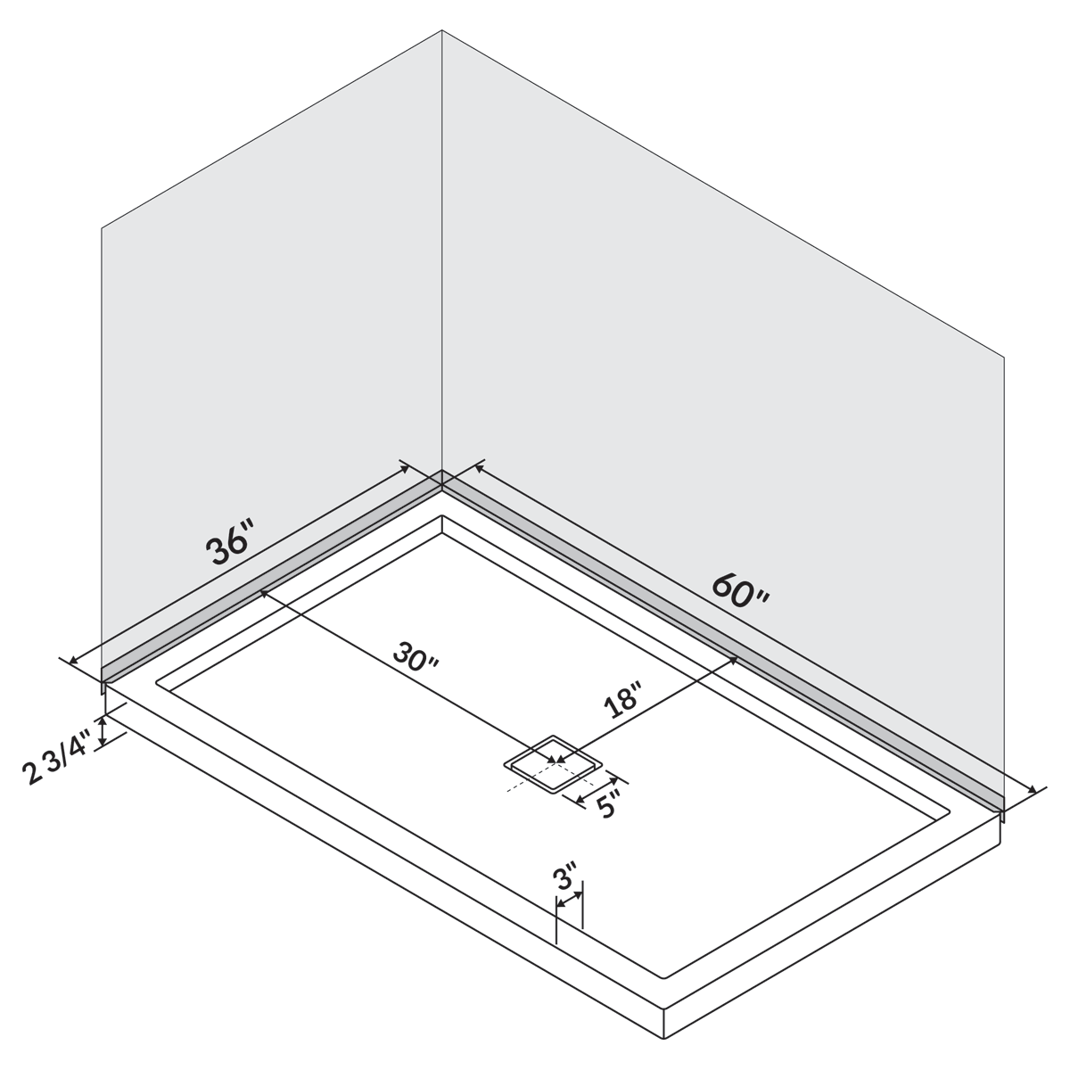 60 in x 36 in Single/Double Threshold Shower Base Pan with Center Drain - Image 6