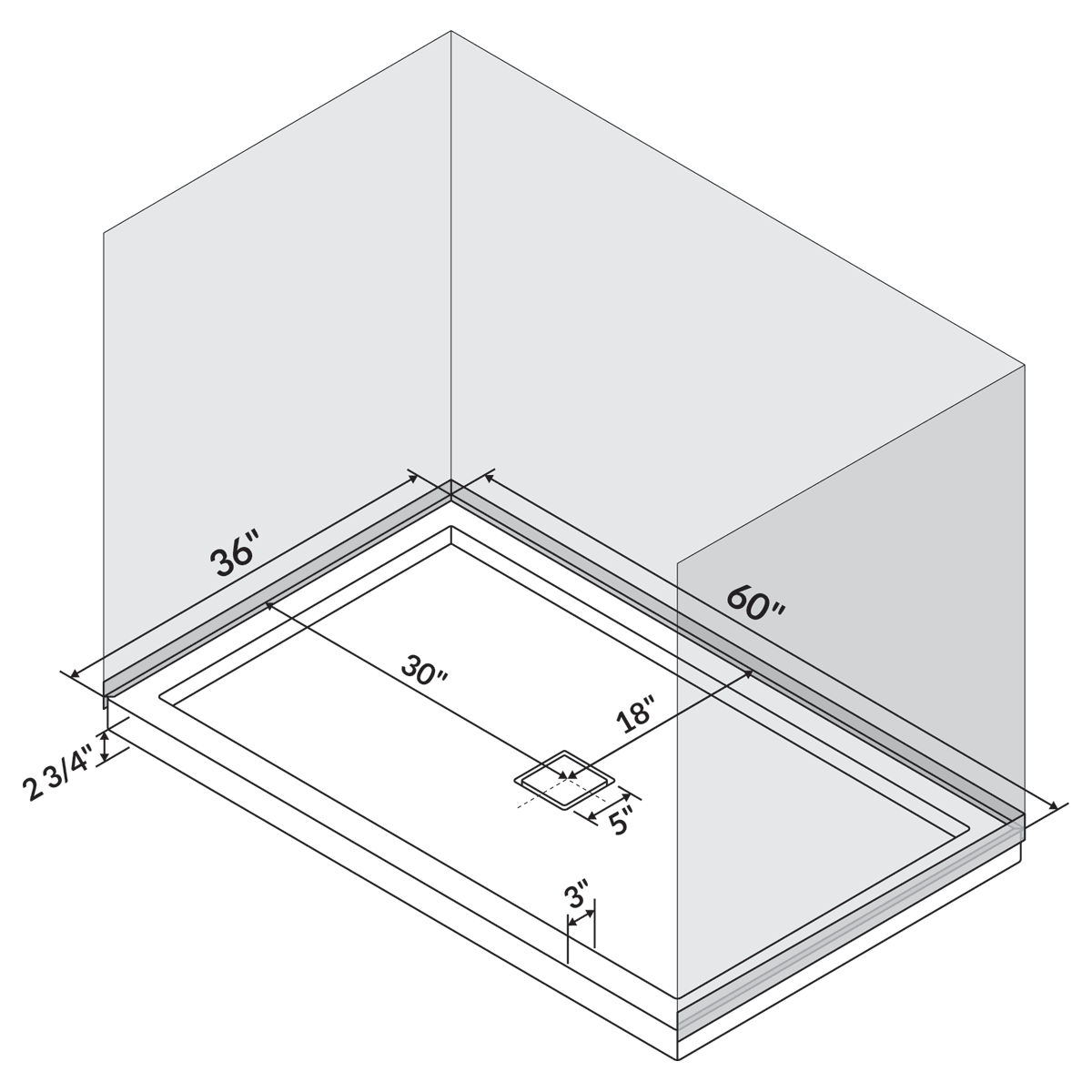 60 in x 36 in Single/Double Threshold Shower Base Pan with Center Drain - Image 8