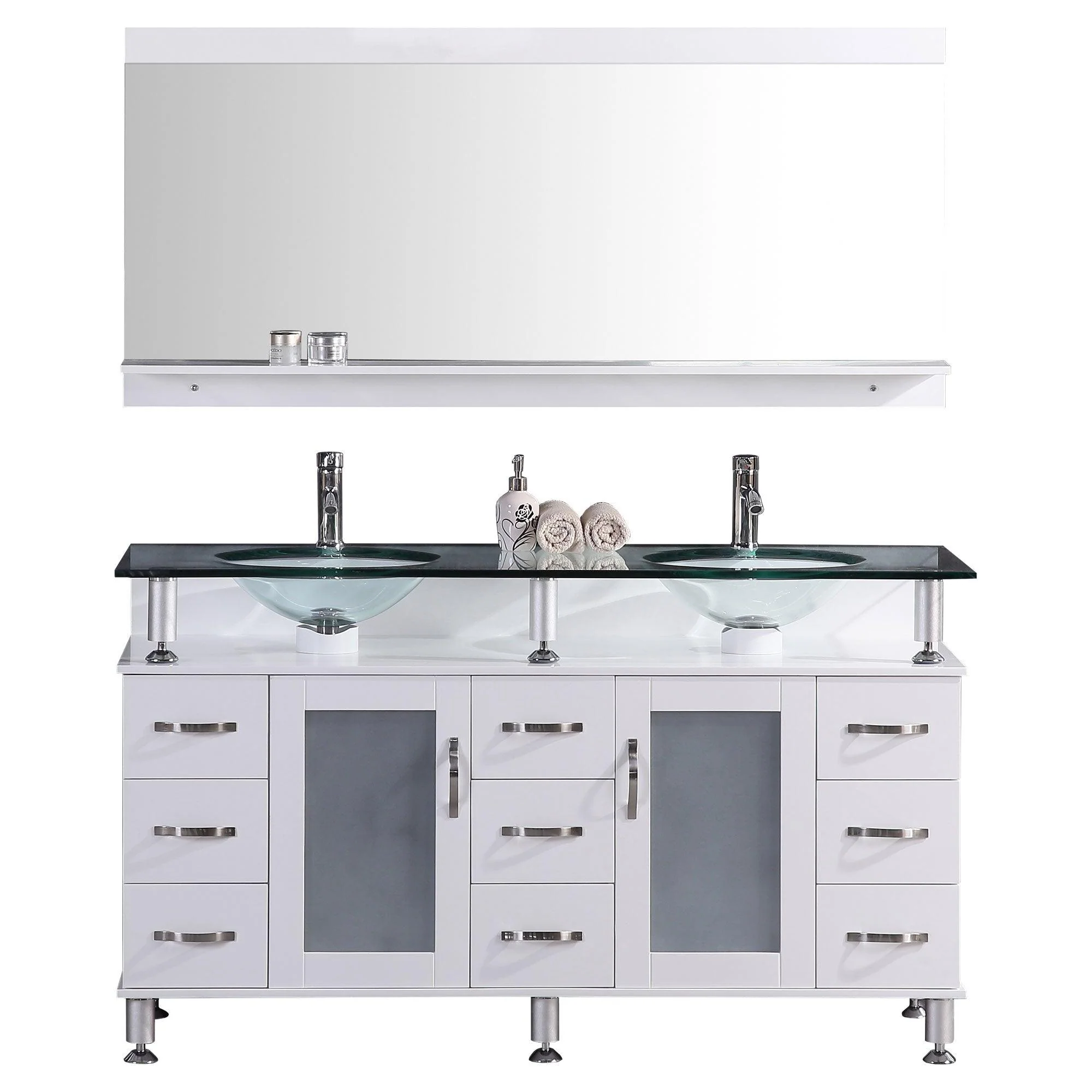 60" W Vanity Cabinet Set with Glass Double Sink Top and Mirror in White Style 1