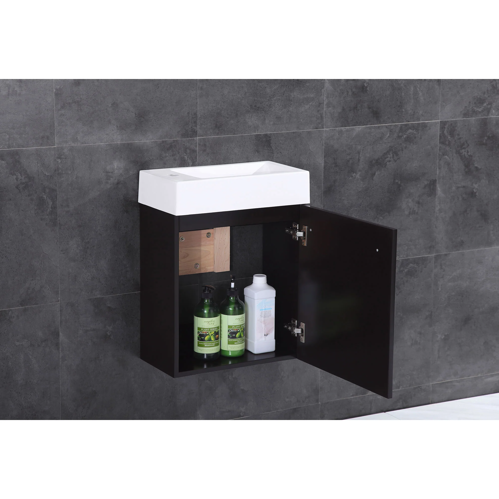 17.5" Wall Mount Single Bathroom Vanity in Espresso with White Integrated Sink and Mirror LV10-17B - Image 2