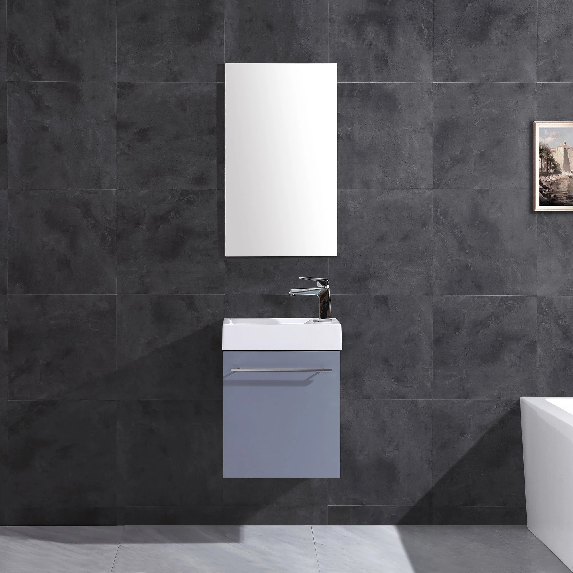 17.5" Wall Mount Single Bathroom Vanity in Gray with White Integrated Sink and Mirror LV10-17G