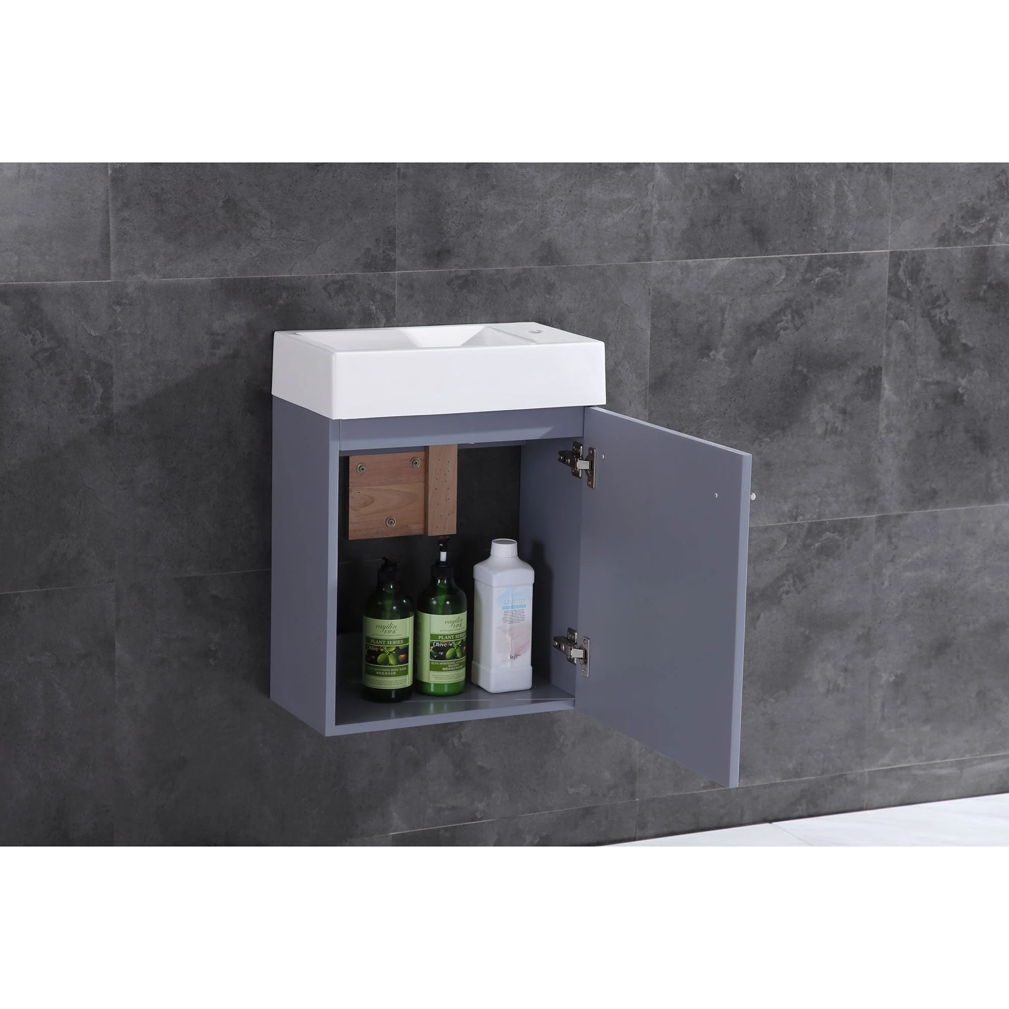 17.5" Wall Mount Single Bathroom Vanity in Gray with White Integrated Sink and Mirror LV10-17G - Image 2