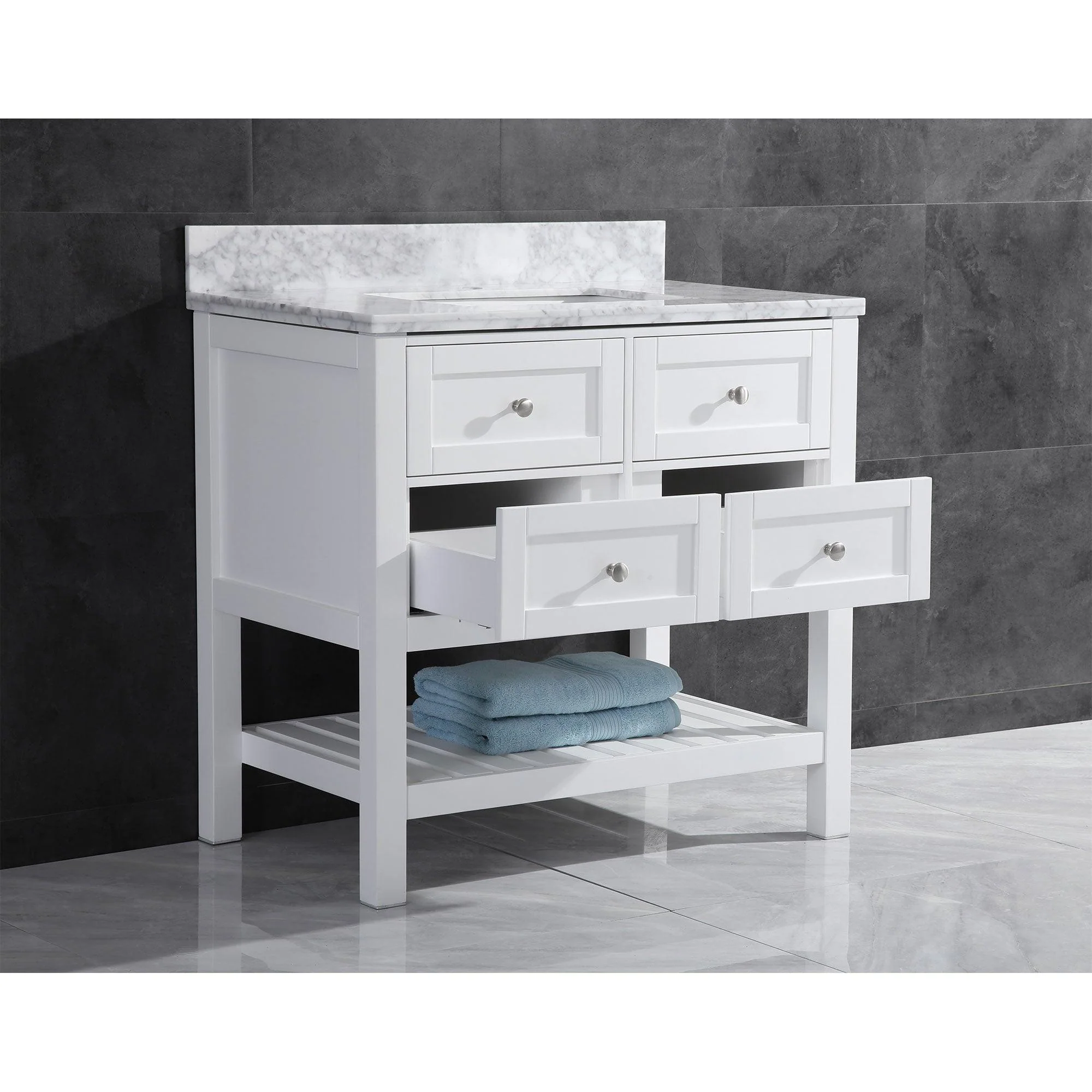 30"W Bathroom Vanity with Marble Top and Mirror in White LV6-30W - Image 4