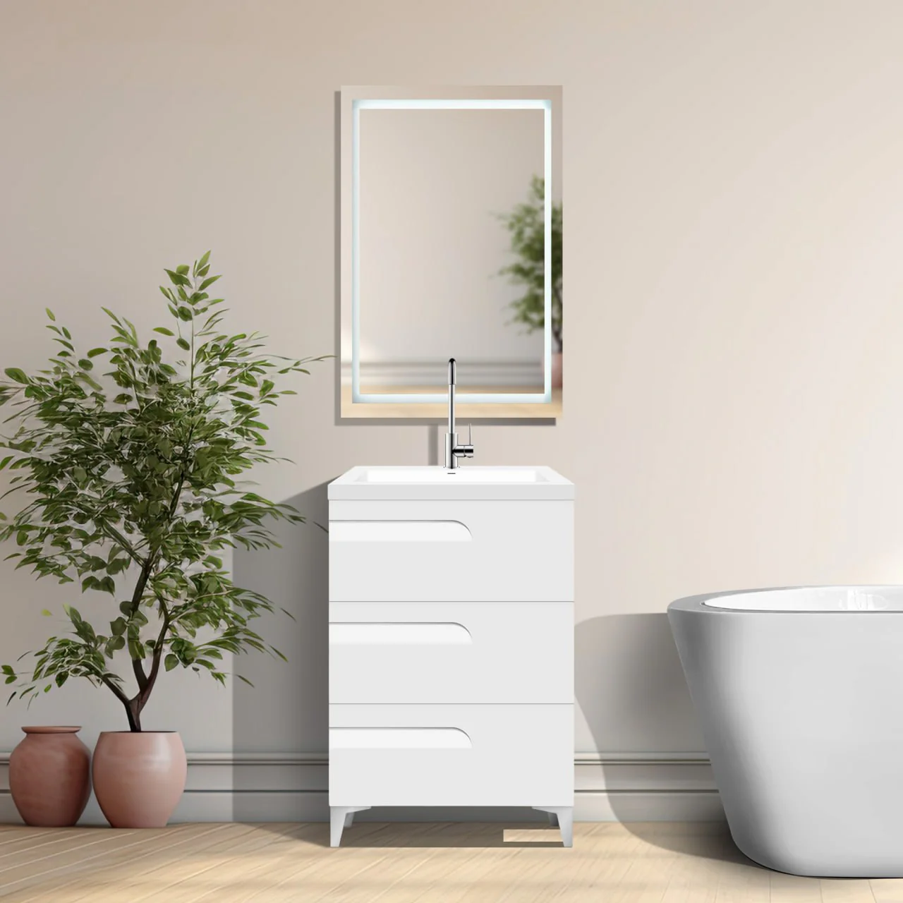24" Freestanding Single Sink Bathroom Vanity in White Gloss with Square Counter Top LV7B-24W