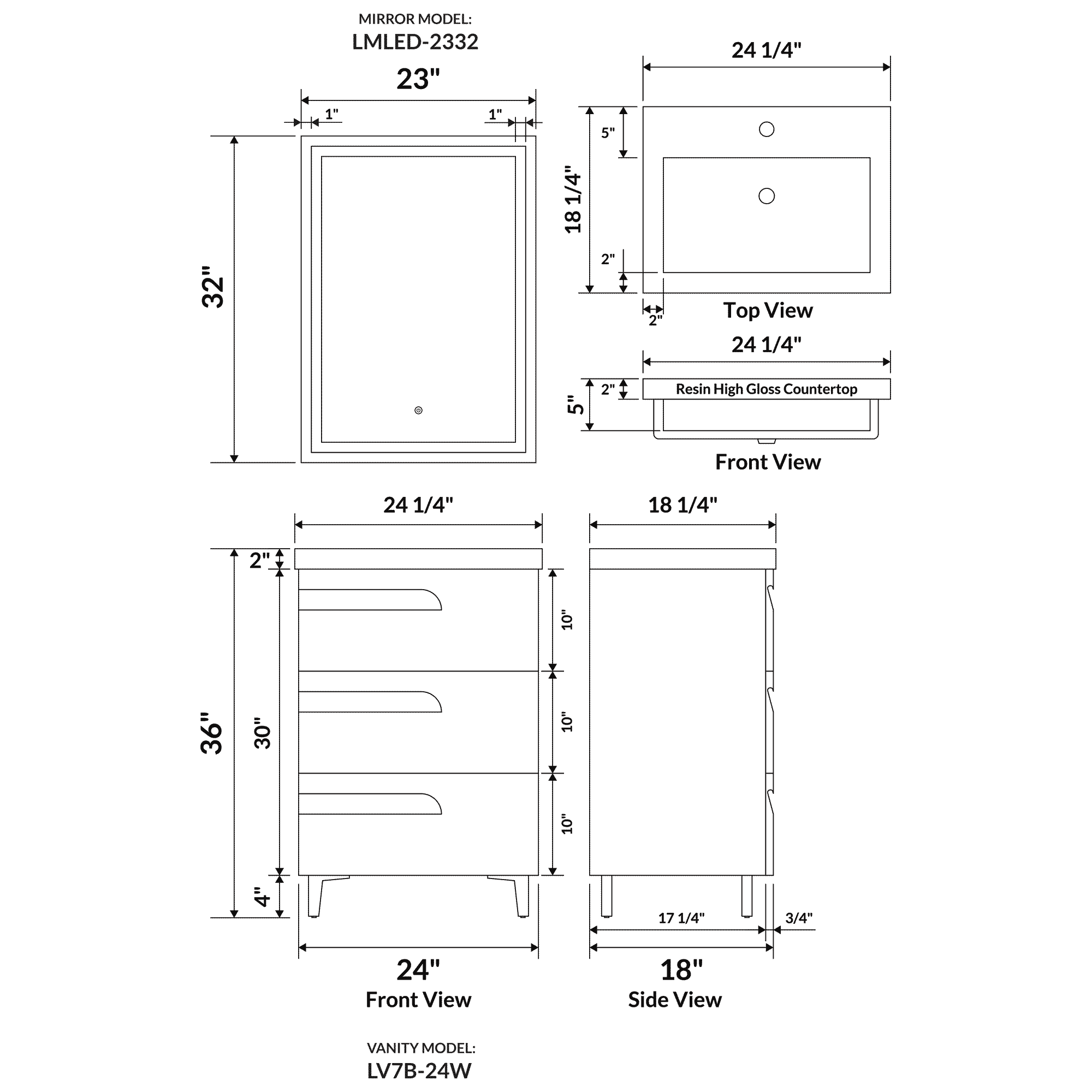 24" Freestanding Single Sink Bathroom Vanity in White Gloss with Square Counter Top LV7B-24W - Image 3