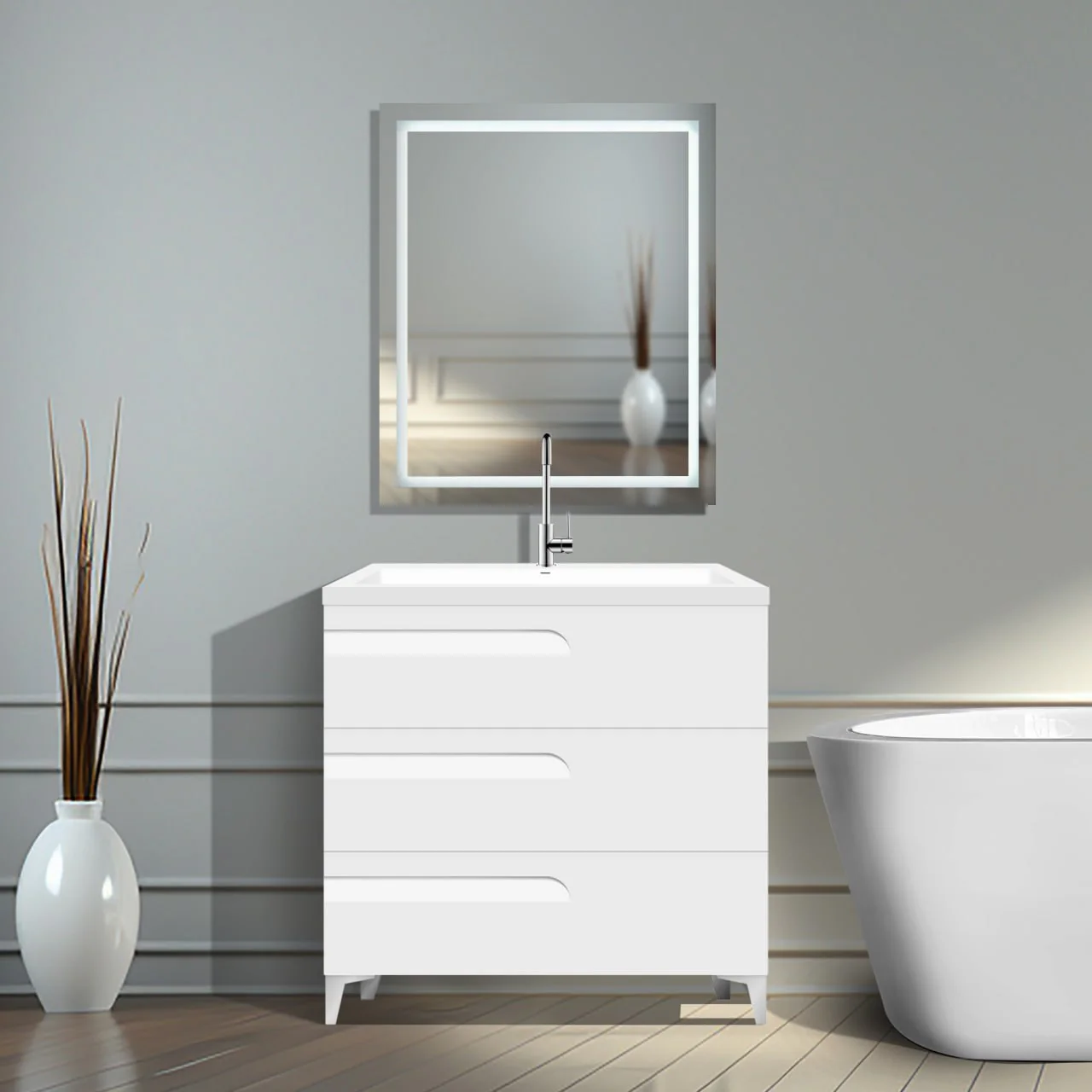 36" Freestanding Single Sink Bathroom Vanity in White Gloss with Square Counter Top Top LV7B-36W
