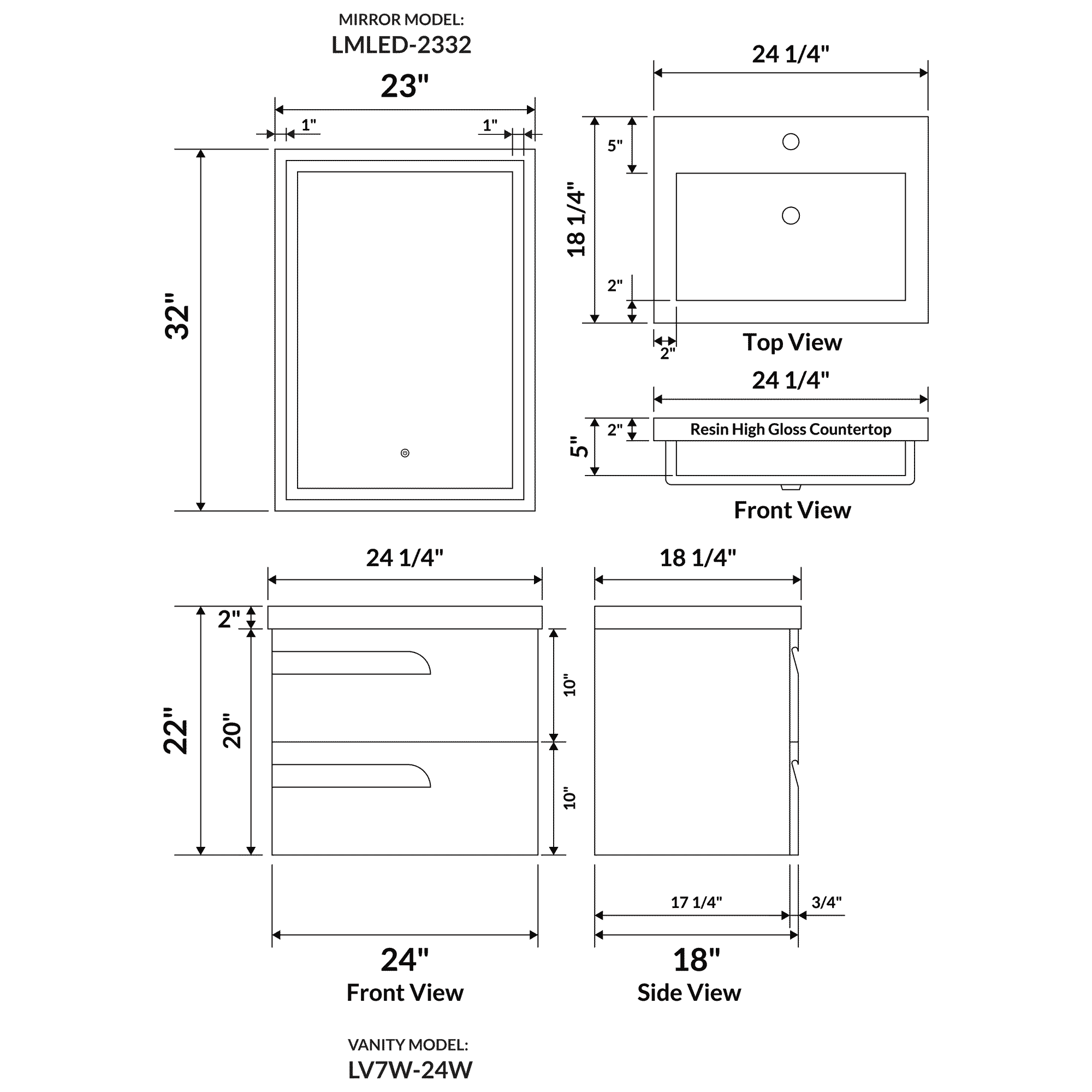 24" Wall Mount Single Sink Bathroom Vanity in White Gloss with Square Counter Top LV7W-24W - Image 3