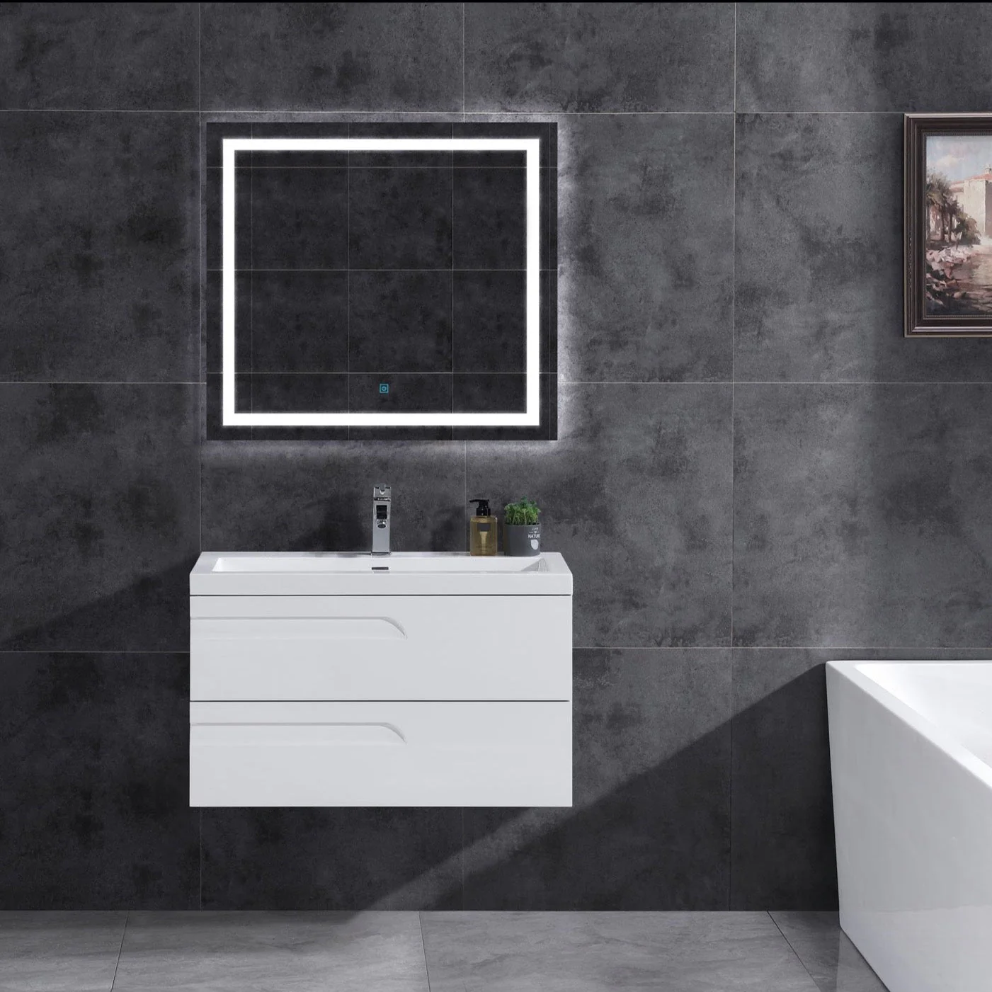 36" Wall Mount Single Sink Bathroom Vanity in White Gloss with Square Counter Top LV7W-36W