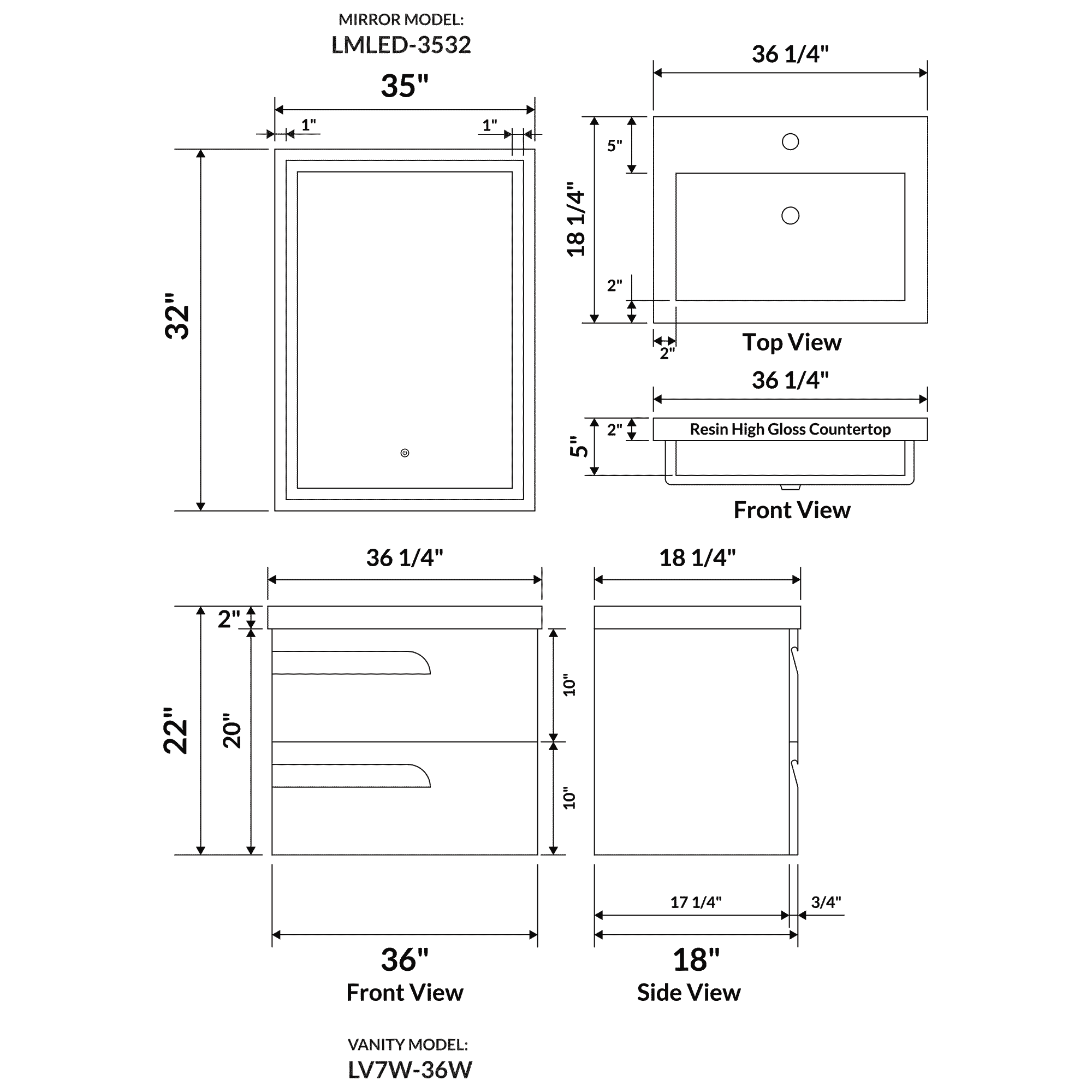 36" Wall Mount Single Sink Bathroom Vanity in White Gloss with Square Counter Top LV7W-36W - Image 3