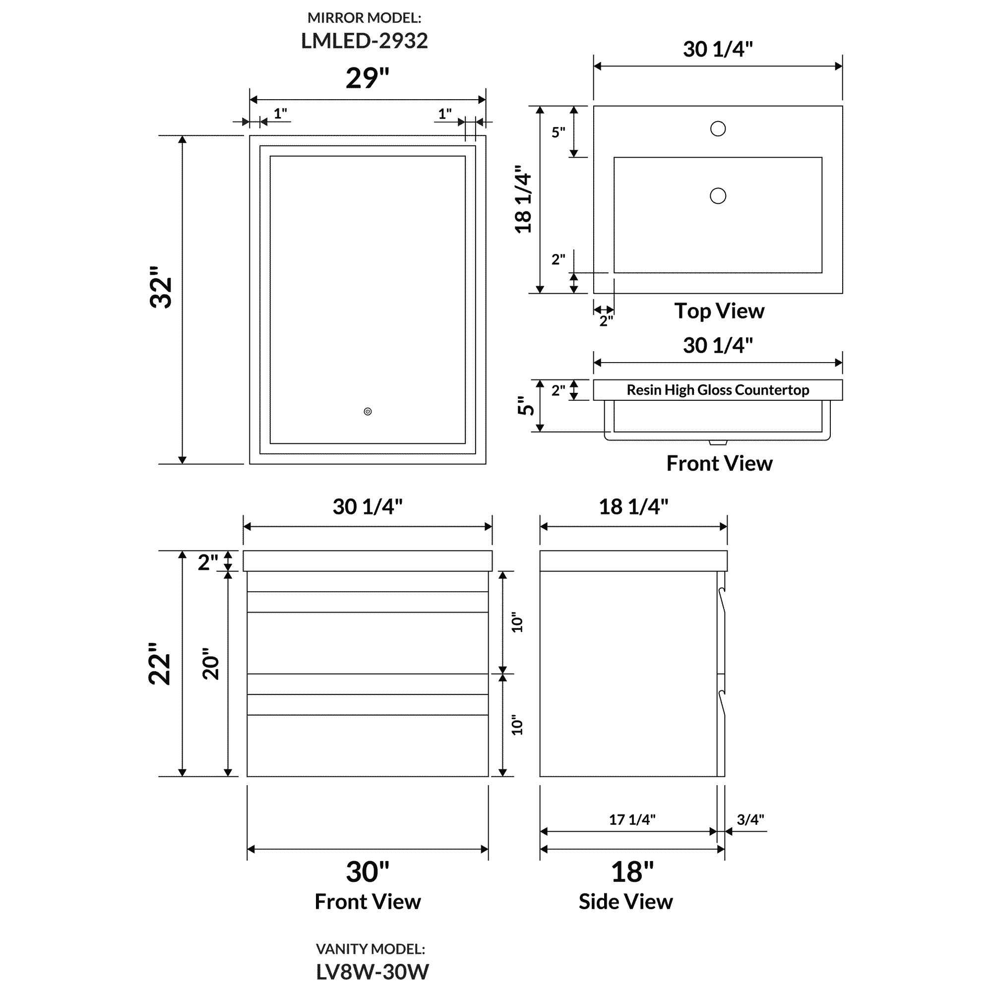 30" W Wall-Mount Modern White Vanity LV8W-30W with Square Sink Top - Image 3