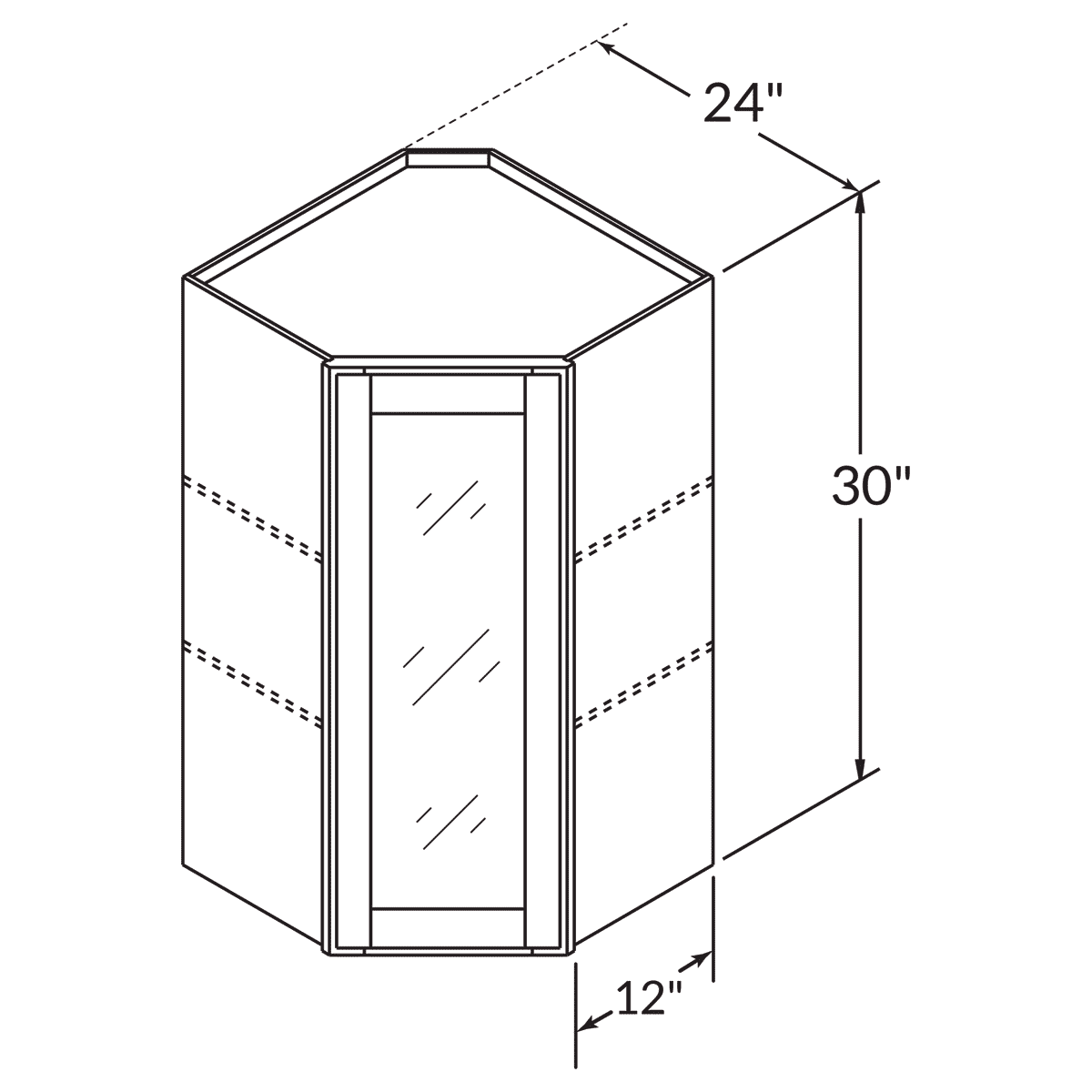 Frosted Glass Door Diagonal Corner Wall Kitchen Cabinet DCMD2430 Shaker Toffee LessCare 24 in. width 30 in. height 12 in. depth