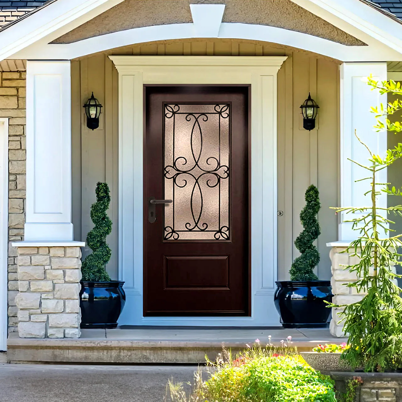 Ulysses 36 in. x 80 in. 3/4 Lite Decorative Glass Stained Dark Walnut Prehung Fiberglass Exterior Door with Brickmold - Image 2
